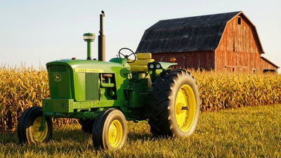 Green John Deere tractor parked by a cornfield with a red barn in the background at sunset.