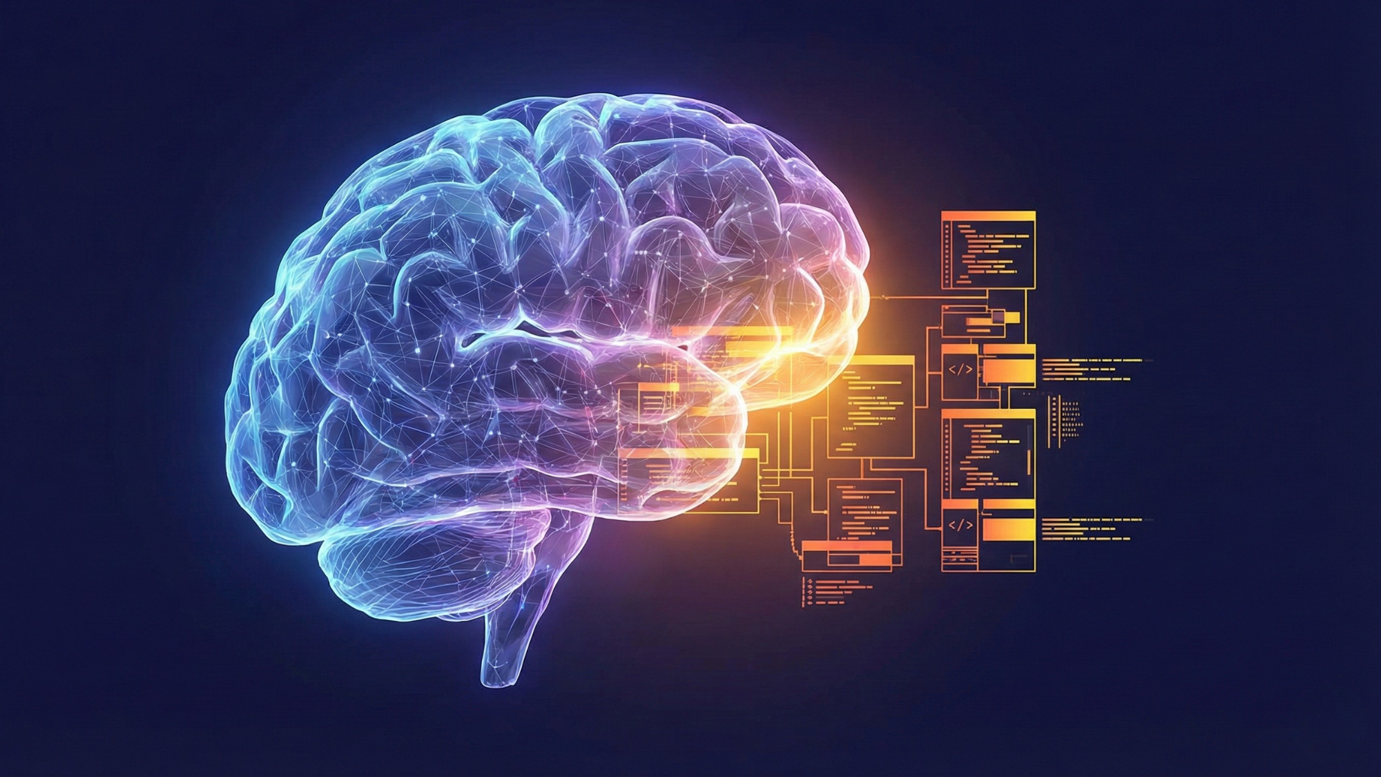 Glowing digital human brain with code interface panels, symbolizing artificial intelligence and machine learning.