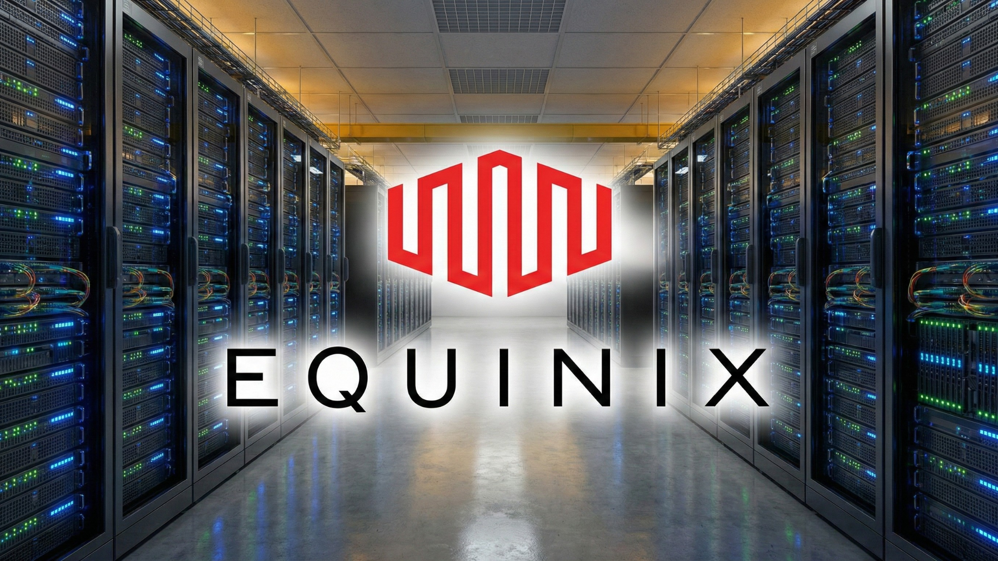 Equinix logo centered in a modern data center aisle, symbolizing colocation and cloud interconnect.