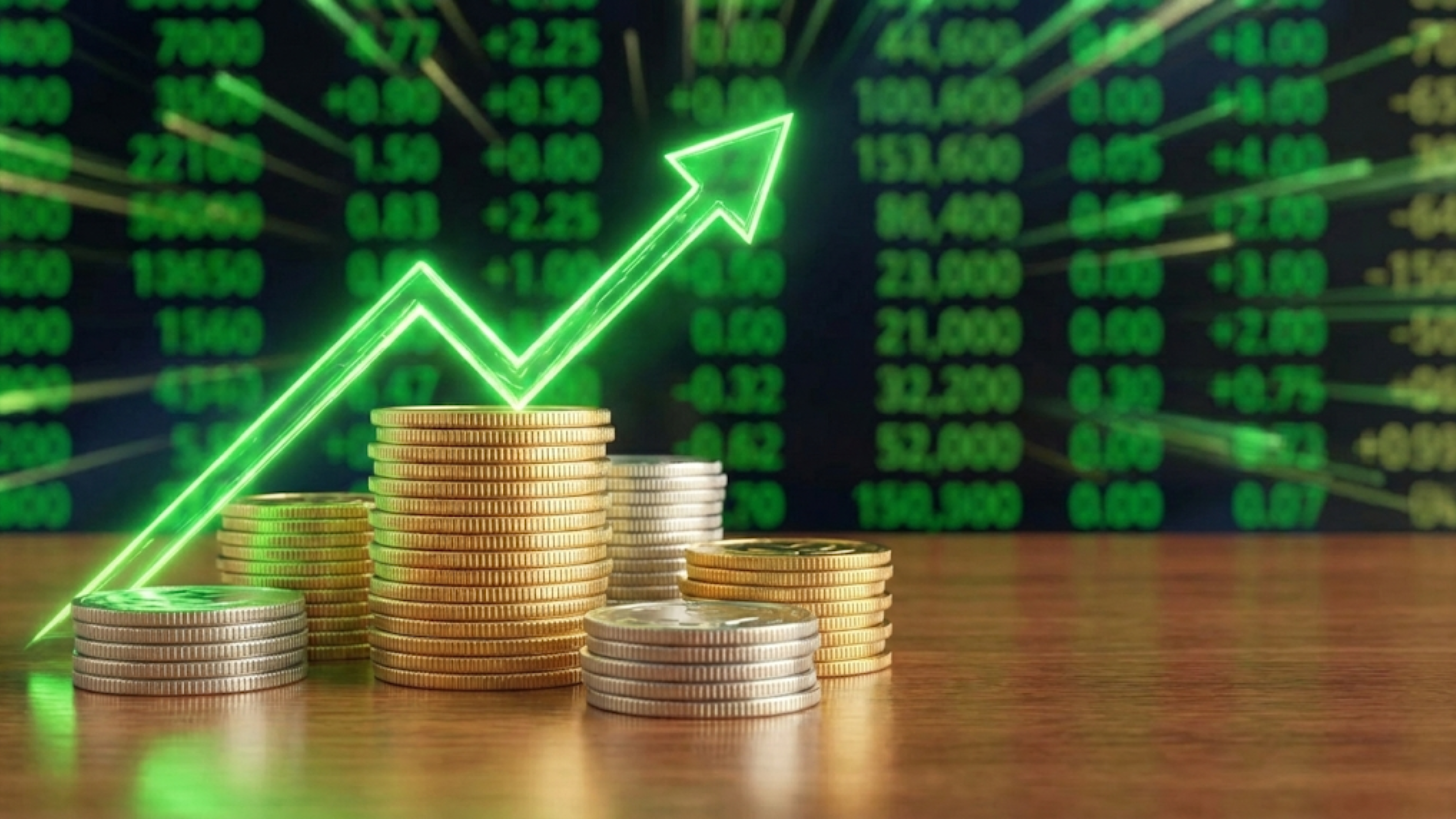 Stacks of coins beneath a rising arrow and stock quotes, signaling dividend increases and stronger returns for income investors.