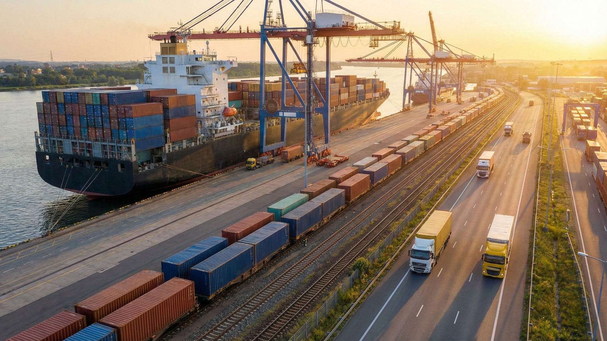 Port logistics scene at sunrise with container ship, cranes, rail containers, and trucks—illustrating transportation stocks and AI disruption fears.