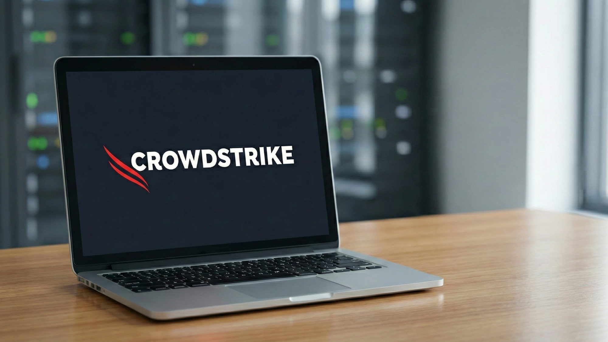 Laptop on a desk displaying the CrowdStrike logo, with blurred server racks in the background, suggesting cybersecurity and CRWD stock.