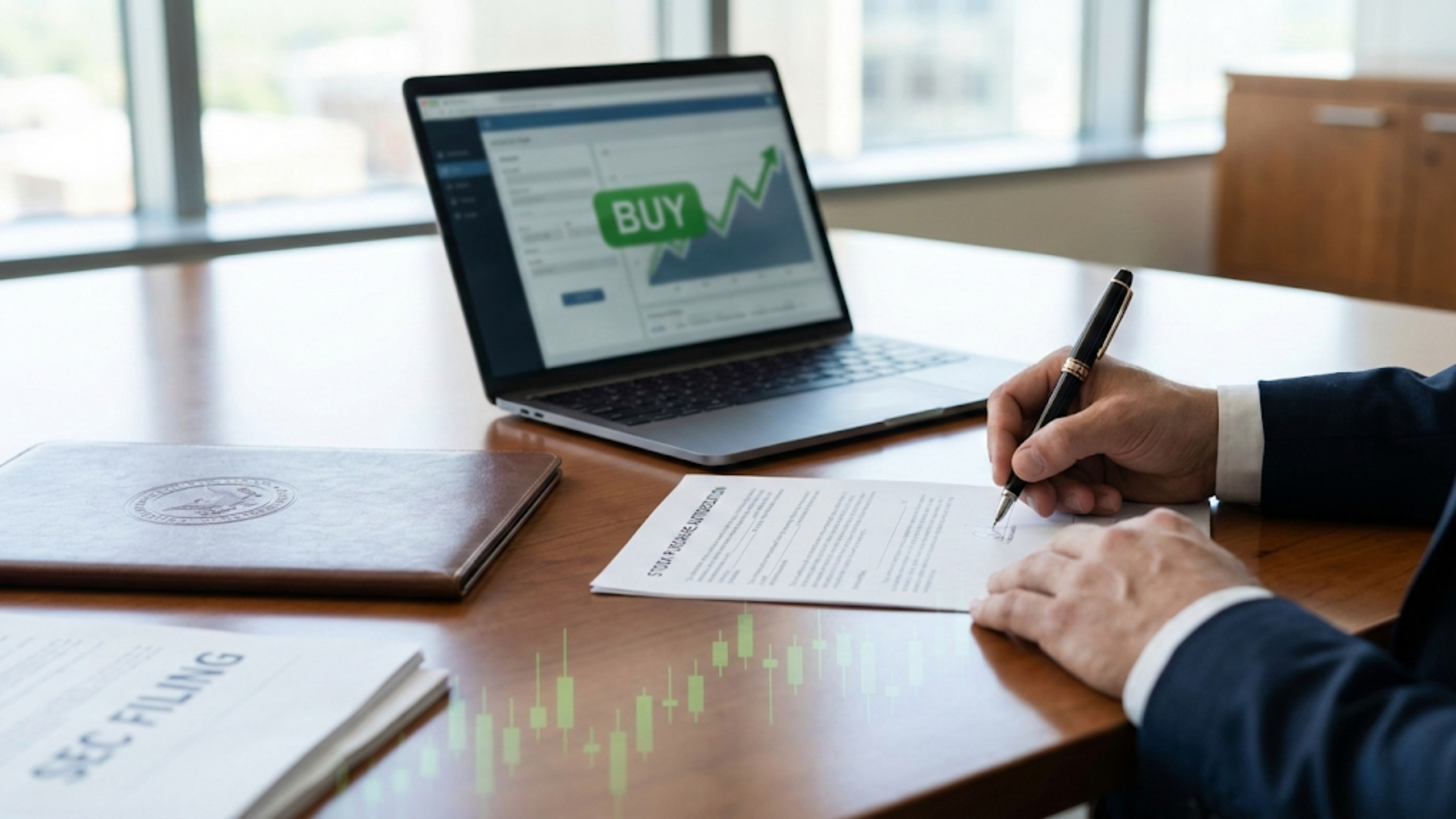Investor signs trading documents as laptop shows BUY signal, echoing insider buying optimism in stocks.
