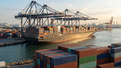 Container ship docked at port with stacked cargo containers and cranes, global shipping industry context