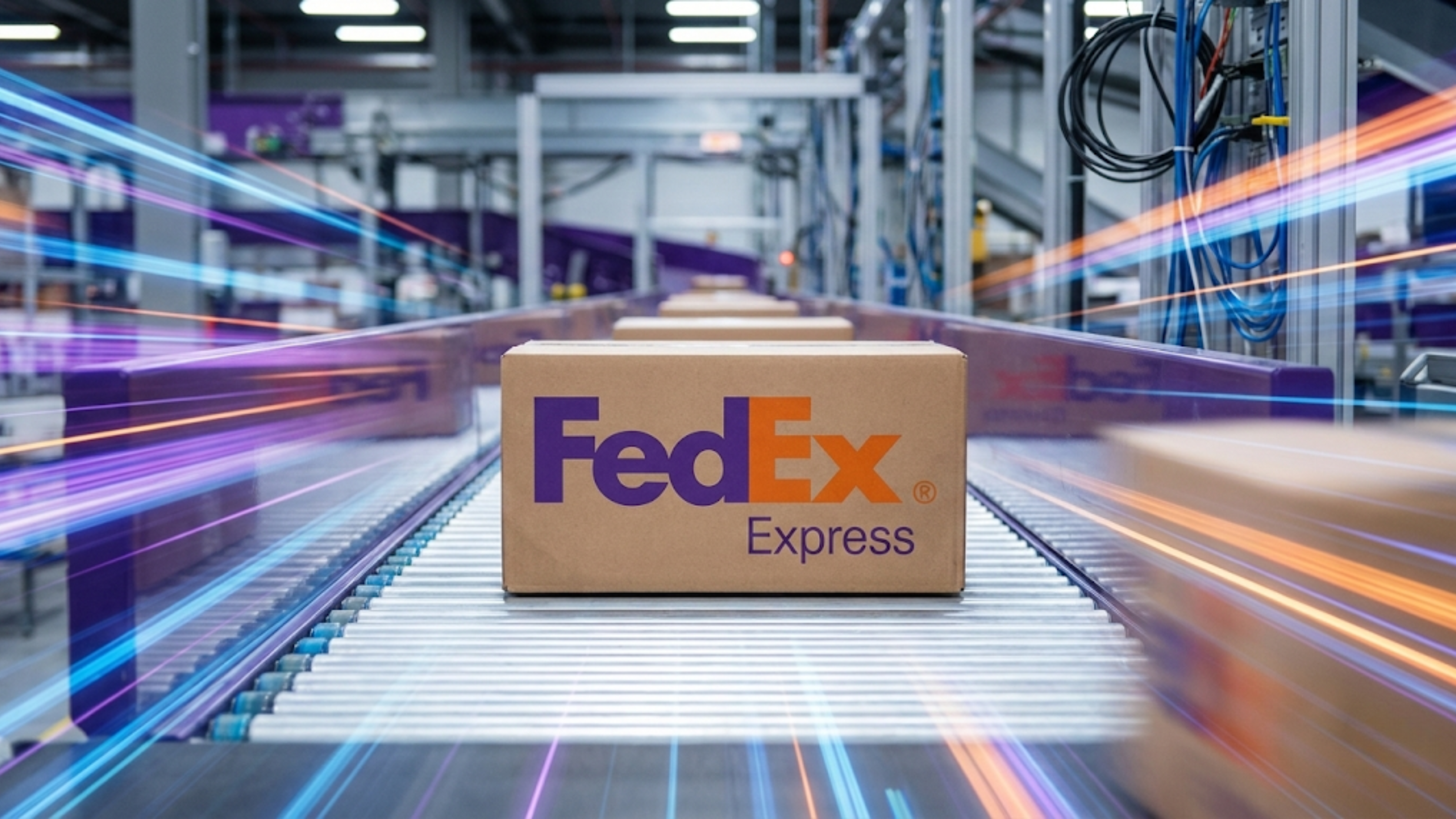 FedEx package moves on a conveyor in a logistics hub, underscoring shipping demand and transport stock performance.
