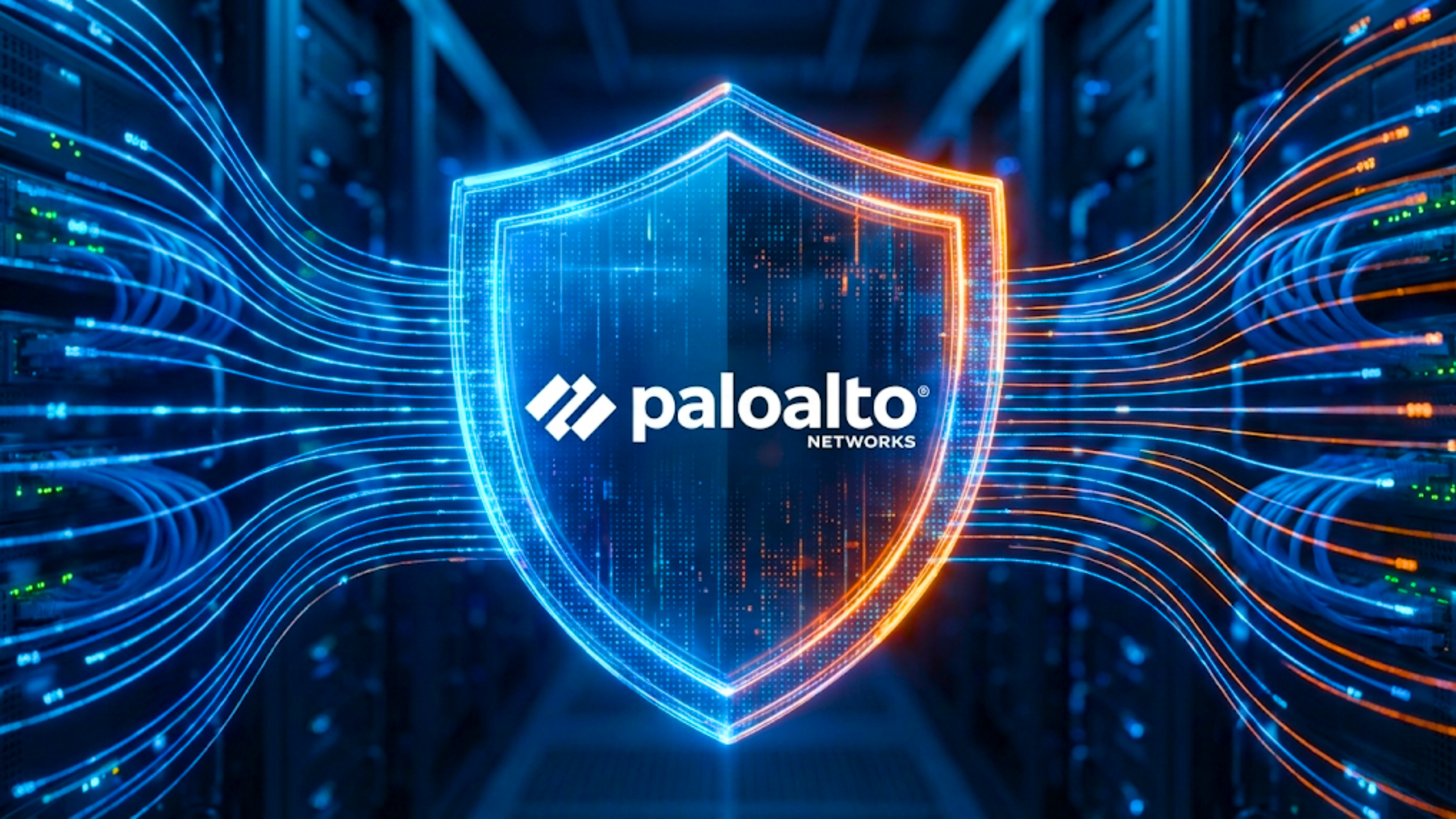 Palo Alto Networks logo on a digital shield in a server room, underscoring cybersecurity demand.