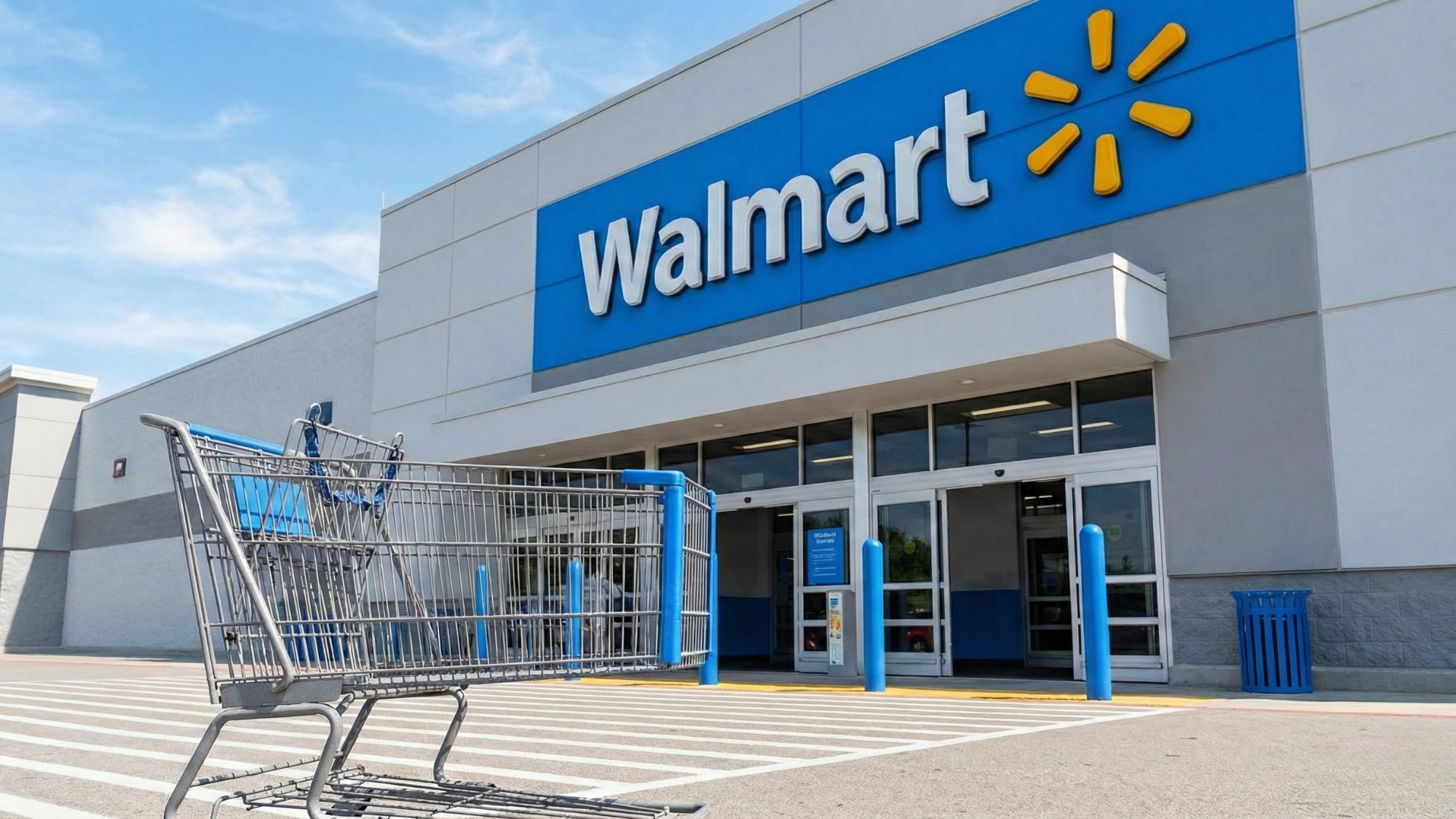 Walmart storefront with shopping cart, highlighting stock pullback opportunity in retail sector