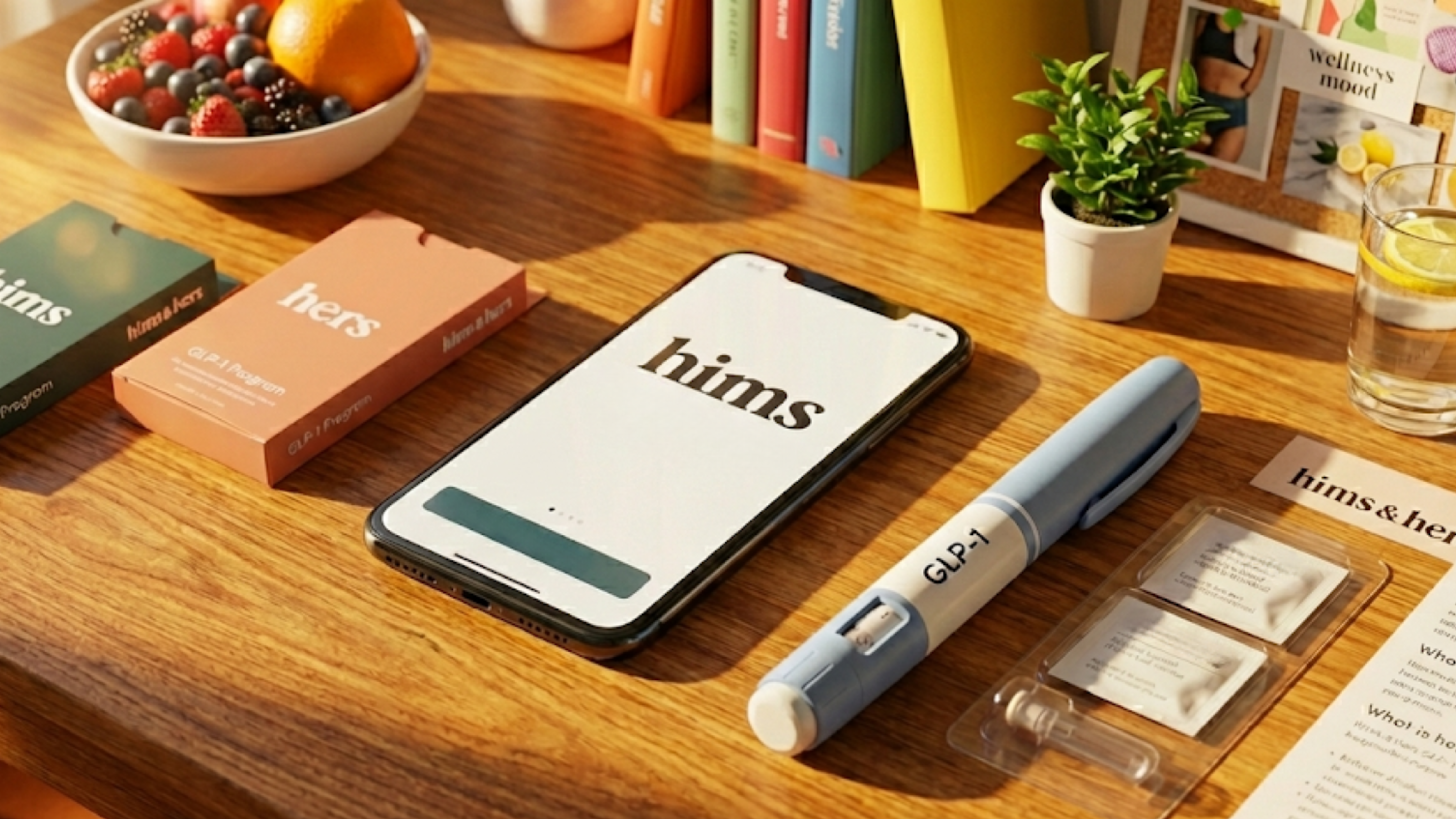 Hims & Hers app and GLP-1 injection kit on a desk, highlighting weight-loss demand and HIMS stock focus.