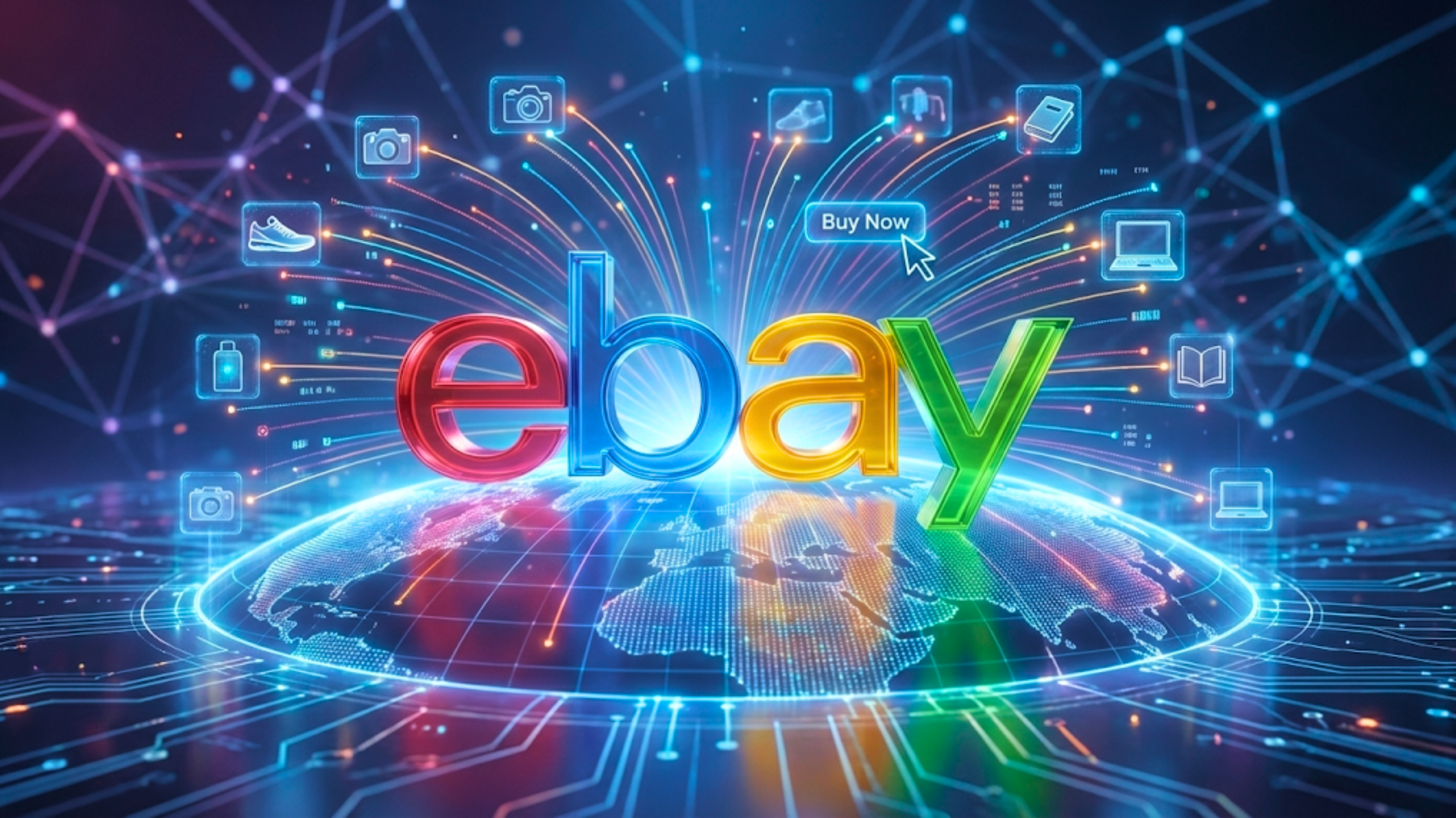 eBay logo over a global digital marketplace graphic, highlighting e-commerce demand and EBAY stock outlook.
