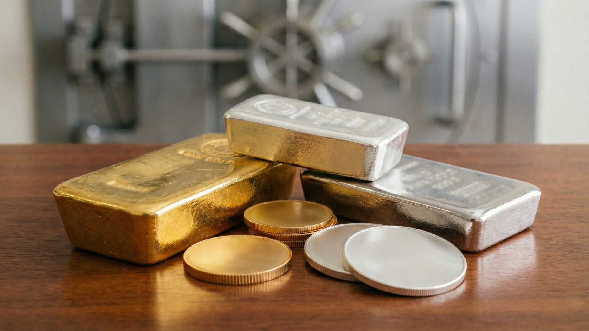 Gold and silver bars with matching coins on a wooden table, vault door blurred in background.