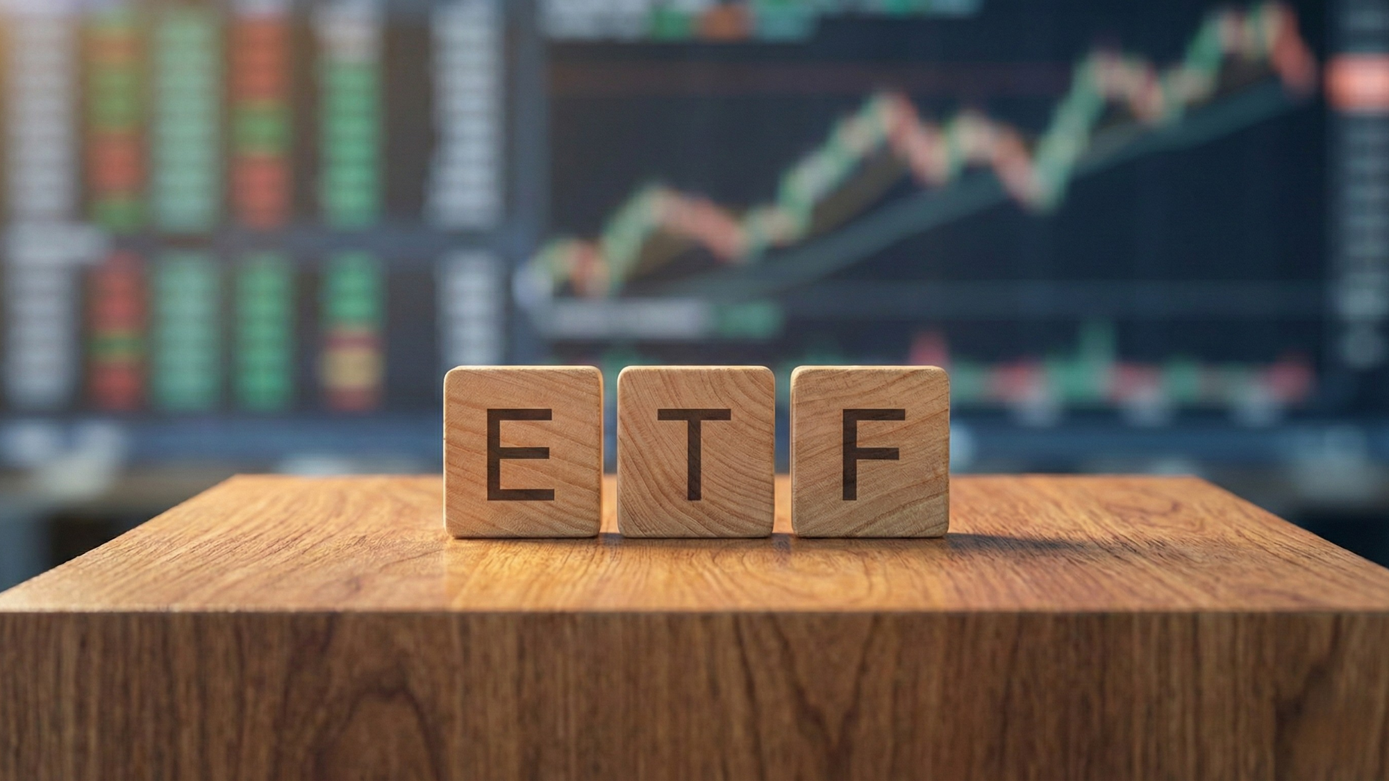 Wooden blocks spelling “ETF” on a desk with rising stock chart in the background, symbolizing ETF market growth.