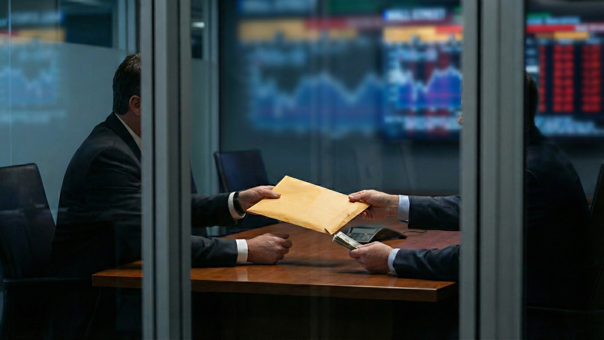 Two business executives exchange a large envelope and cash across a conference table, with blurred stock charts in the background, symbolizing insider stock sales in the financial sector.