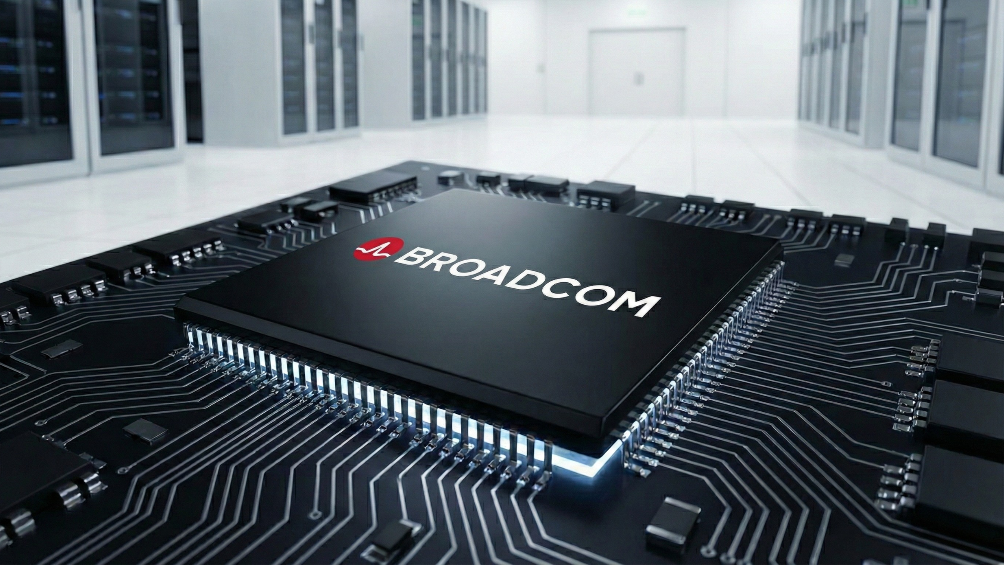 Close-up of a Broadcom-branded AI chip on a circuit board in a modern data center, symbolizing semiconductor performance and margin concerns.