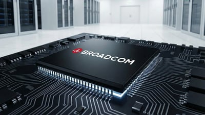 Close-up of a Broadcom-branded AI chip on a circuit board in a modern data center, symbolizing semiconductor performance and margin concerns.