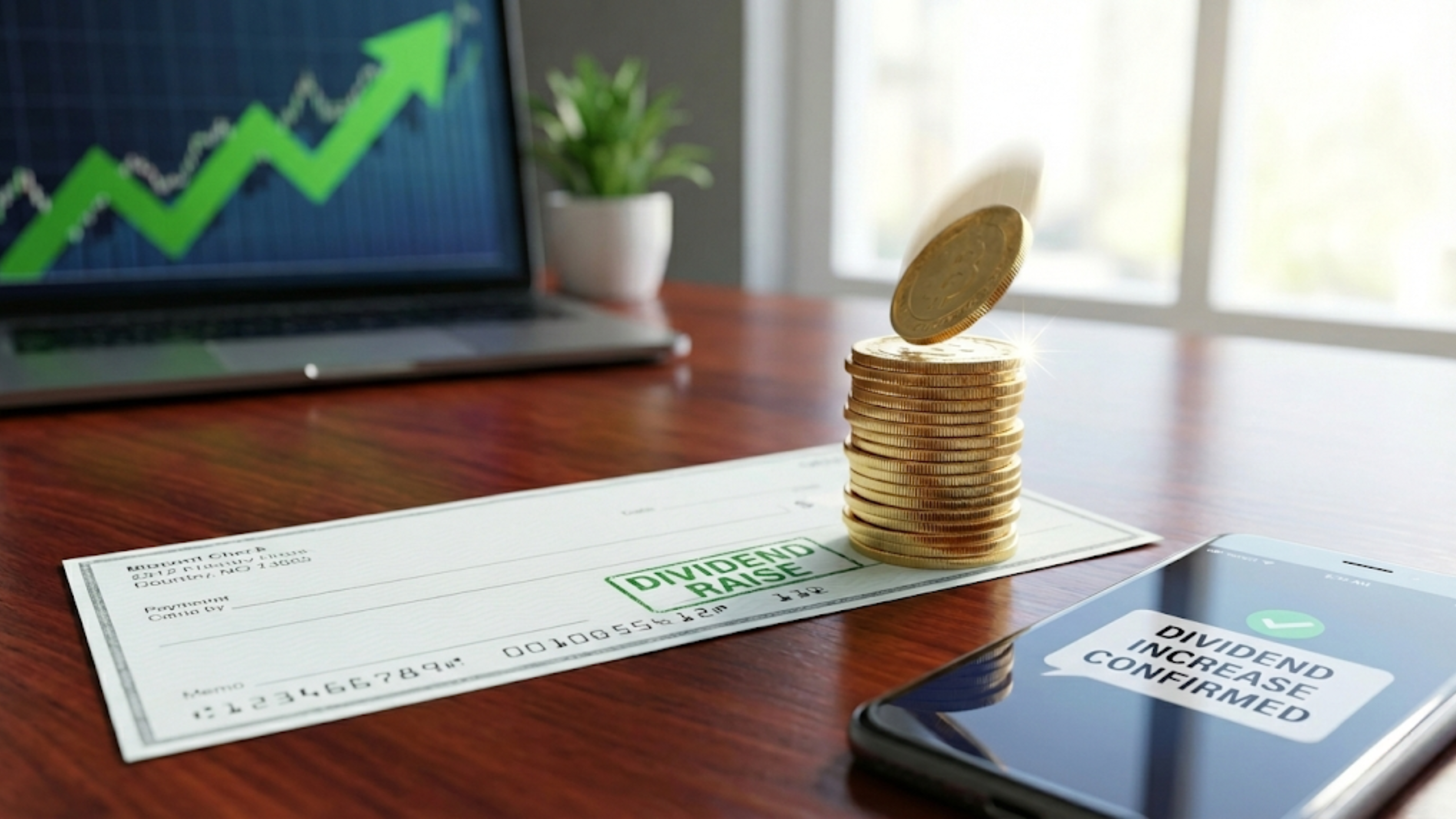 Dividend raise confirmed on phone beside coins and check, with rising stock chart on laptop in background.