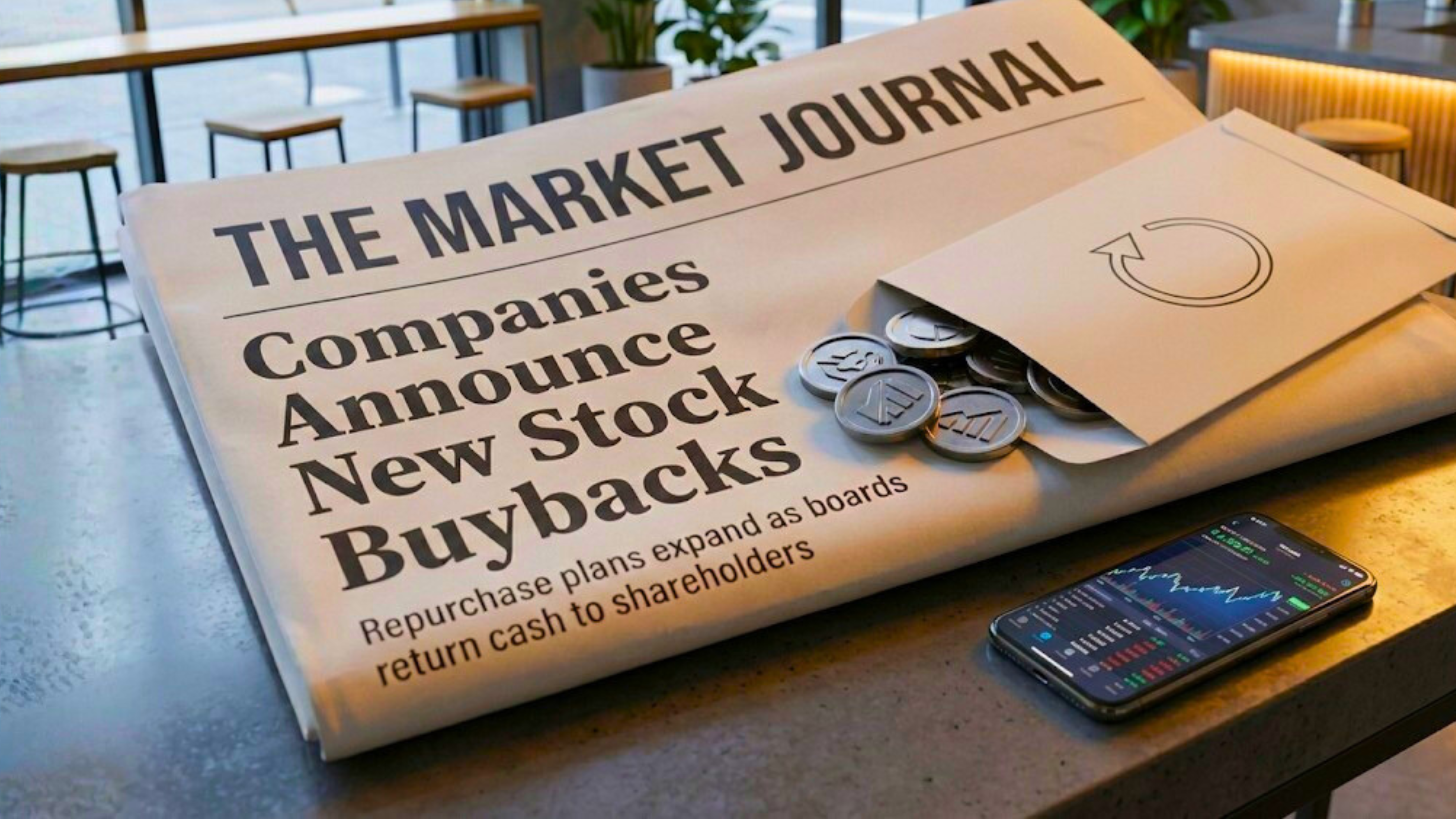 Newspaper headline on stock buybacks with coins and a phone showing market data, highlighting shareholder returns.