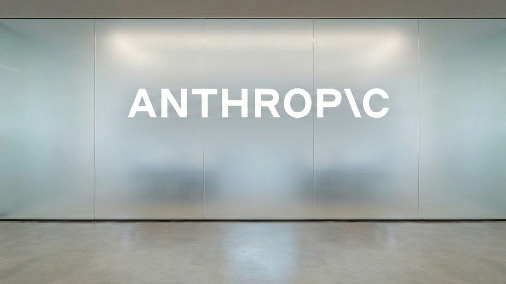 Anthropic logo on frosted glass office wall, minimalist AI company branding in modern workspace