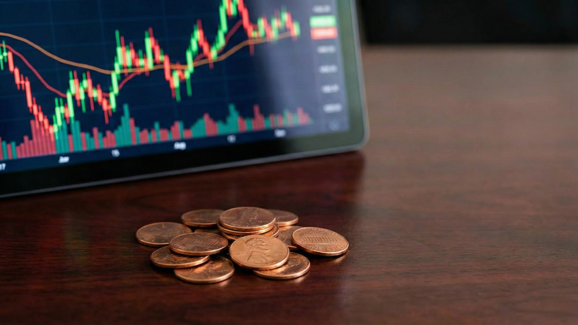 Tablet displaying a volatile stock chart with green and red candlesticks, coins stacked in foreground representing penny stocks.