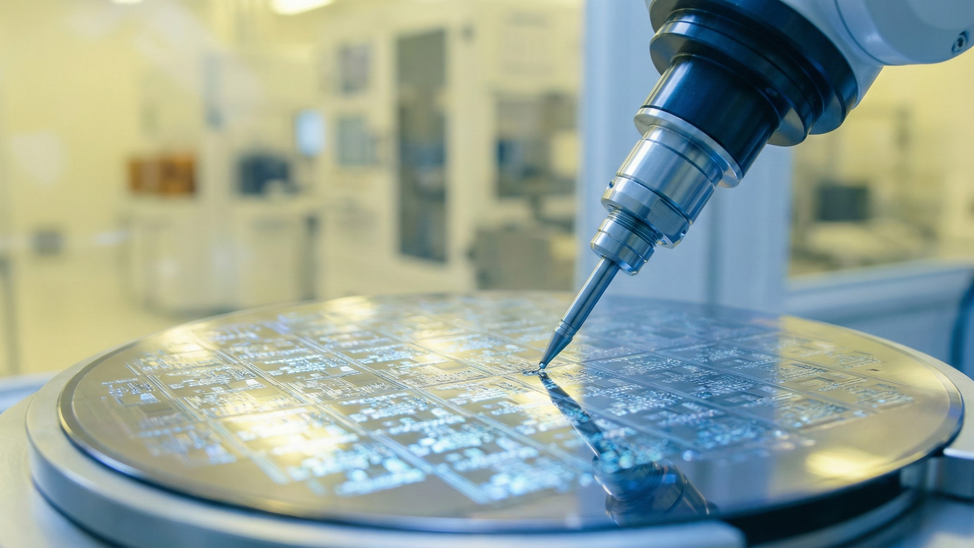 Close-up of a robotic precision tool hovering over a silicon wafer inside a bright semiconductor cleanroom, highlighting nanotechnology chip fabrication.