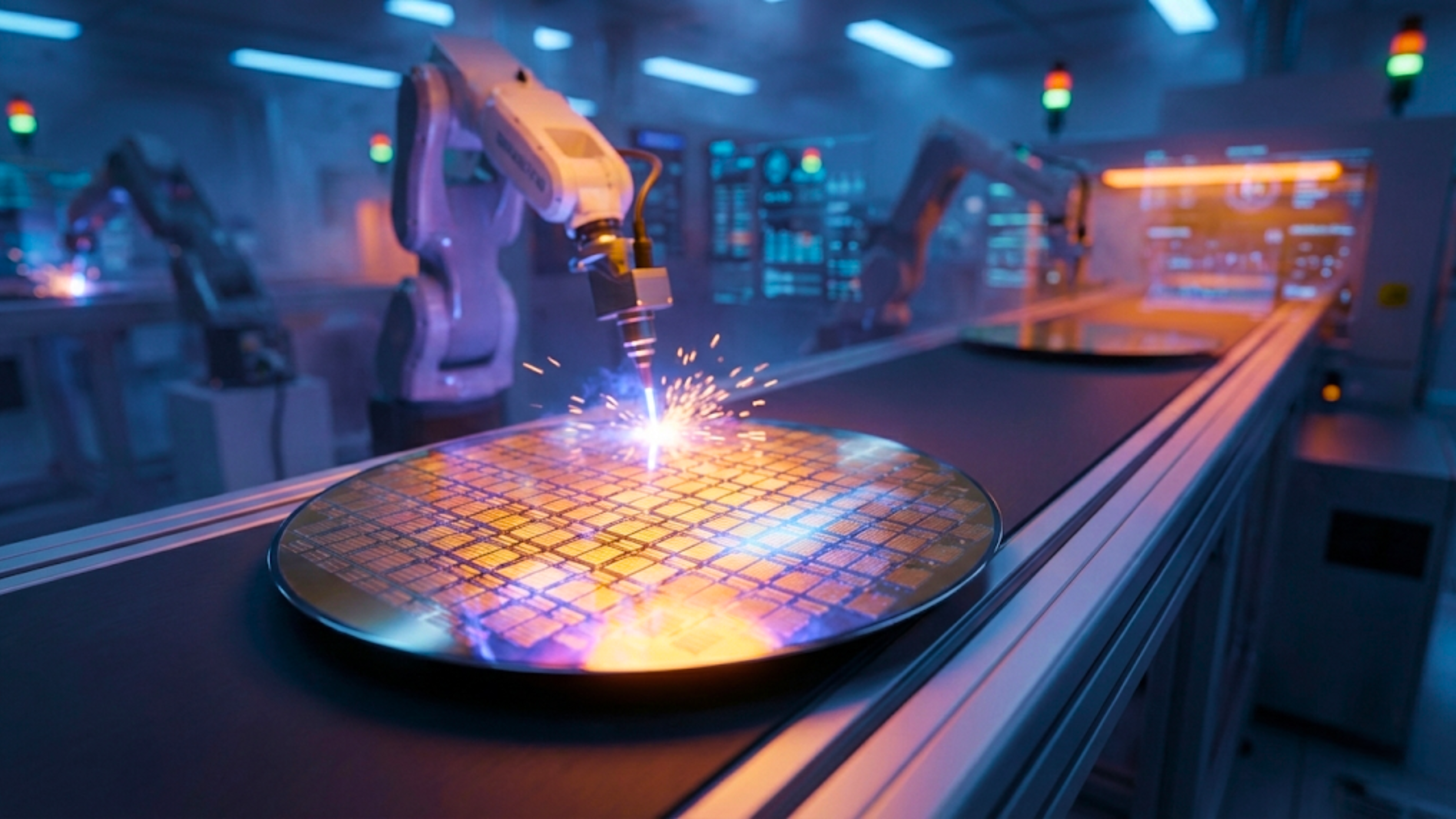 Robotic arm processing a semiconductor wafer on an automated line, highlighting chip manufacturing and AI-driven demand.