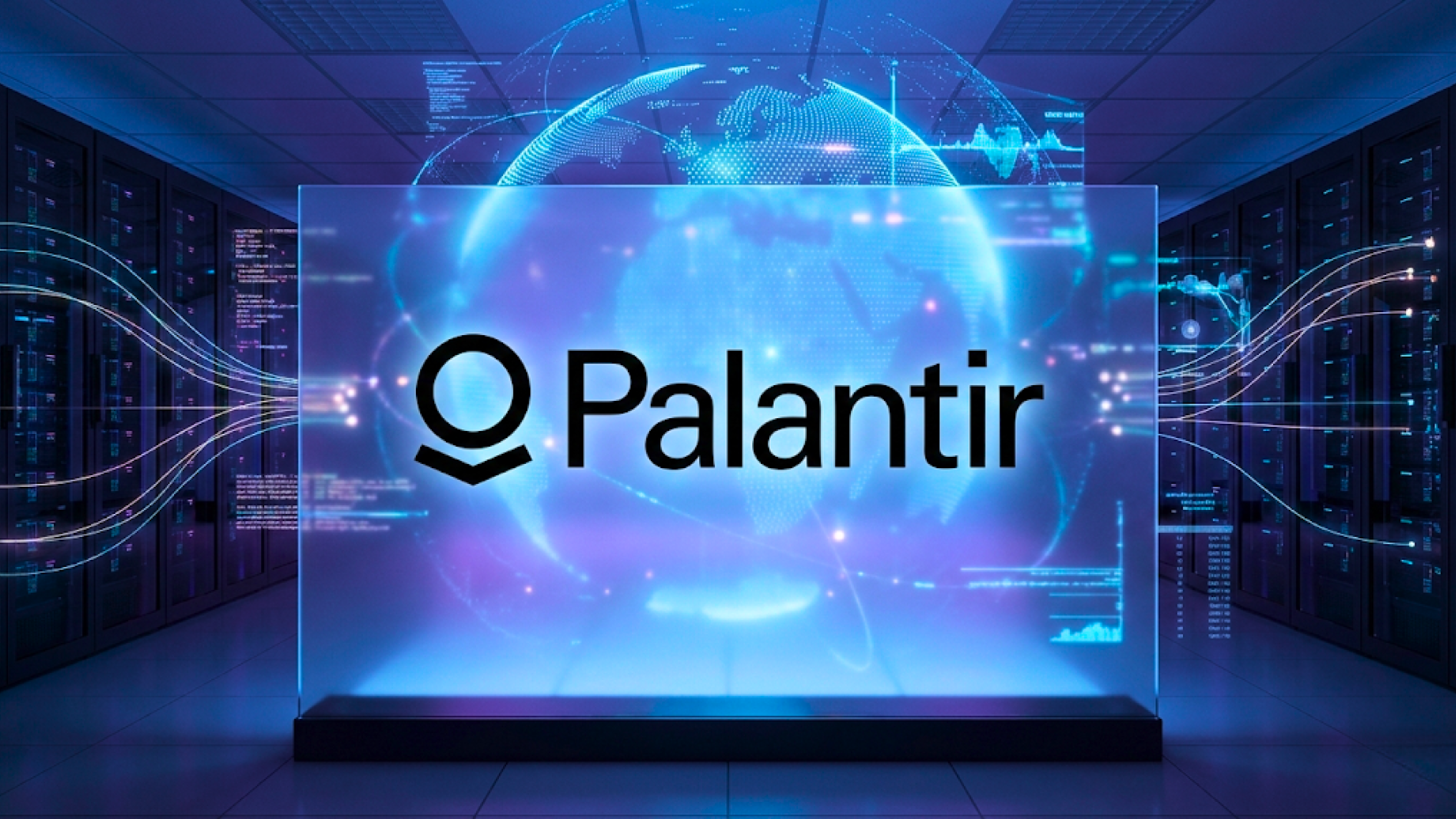 Palantir logo in data-center setting with digital globe overlay, underscoring PLTR AI analytics and stock focus.