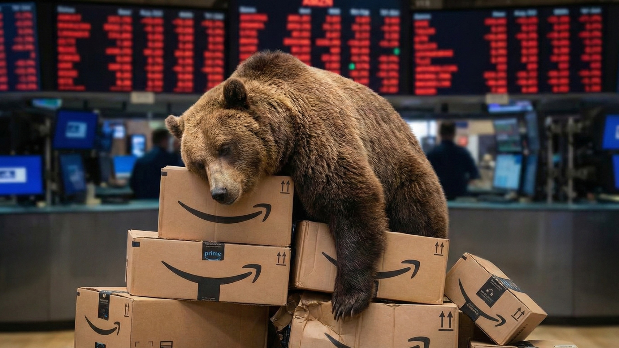 Amazon bear market image: a large brown bear slumped over stacked Amazon Prime boxes on a trading floor with red stock ticker boards in the background, symbolizing Amazon’s stock decline.