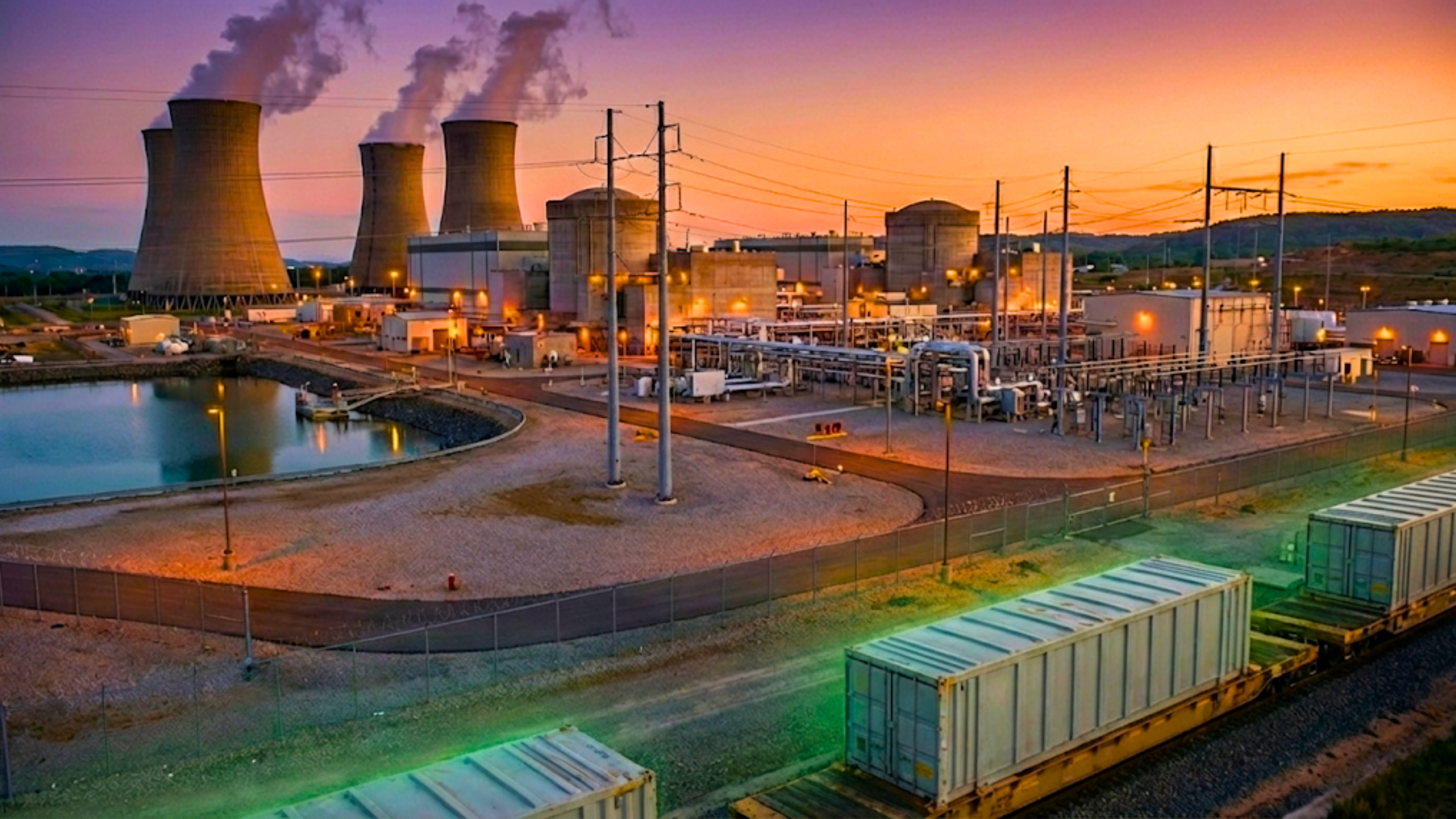 Nuclear power plant at dusk with cooling towers and rail cars, highlighting uranium demand and energy market focus.
