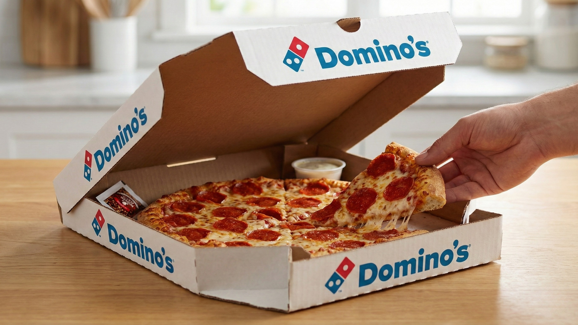 Domino’s Pizza pepperoni pie in branded box as shares gain on earnings and dividend growth
