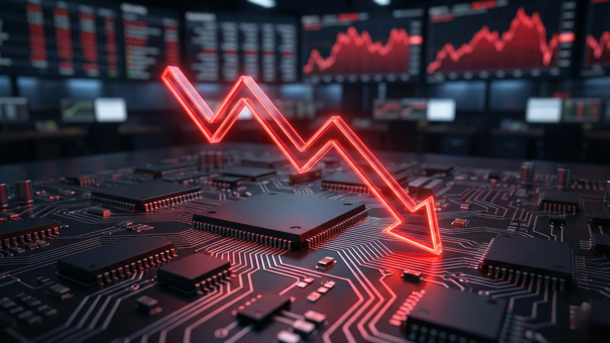 Red downward stock arrow over microchips, symbolizing tech sector sell-off and market correction