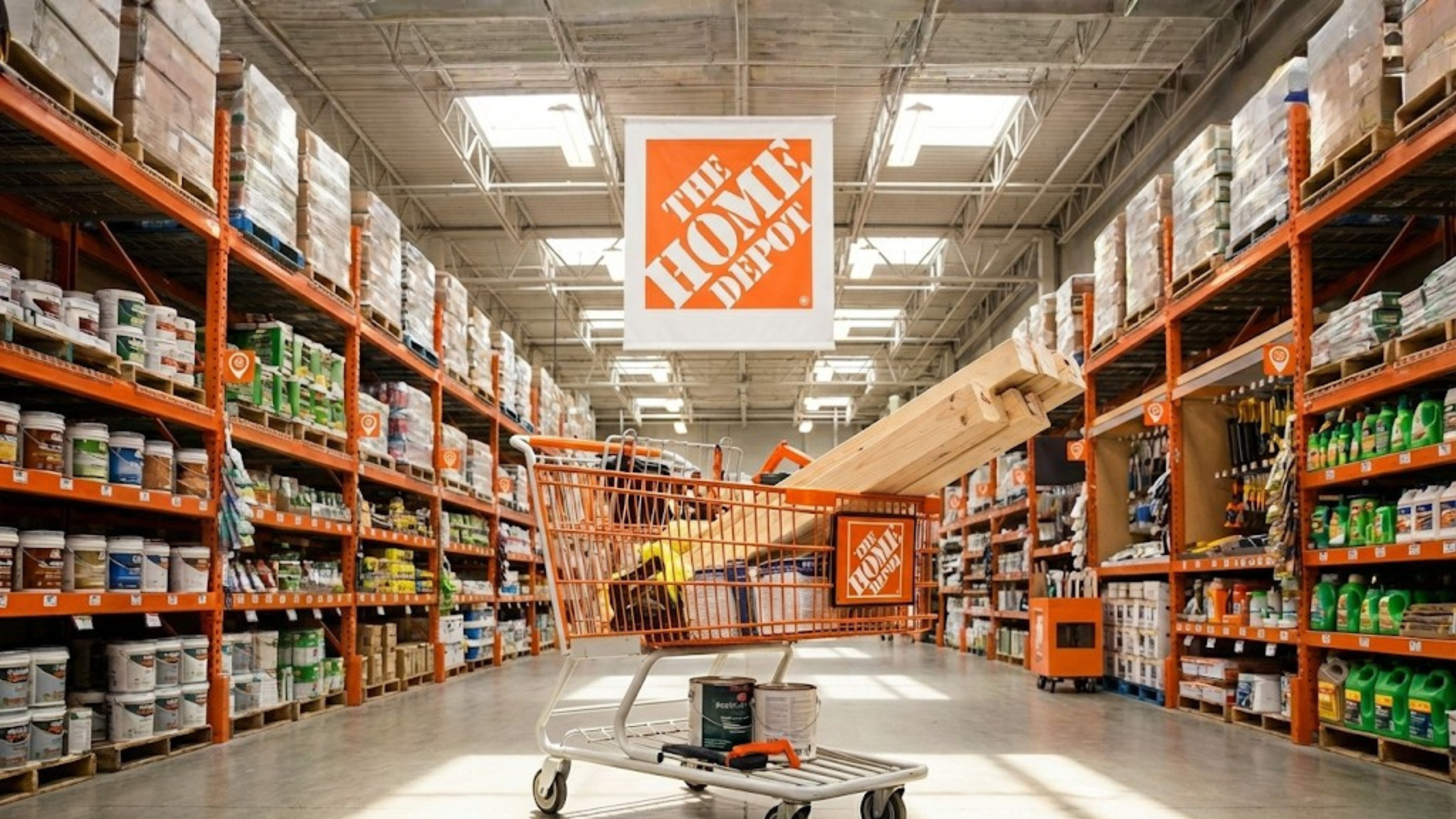 Home Depot store aisle with cart of lumber and supplies, reflecting HD retail demand tied to home improvement spending.