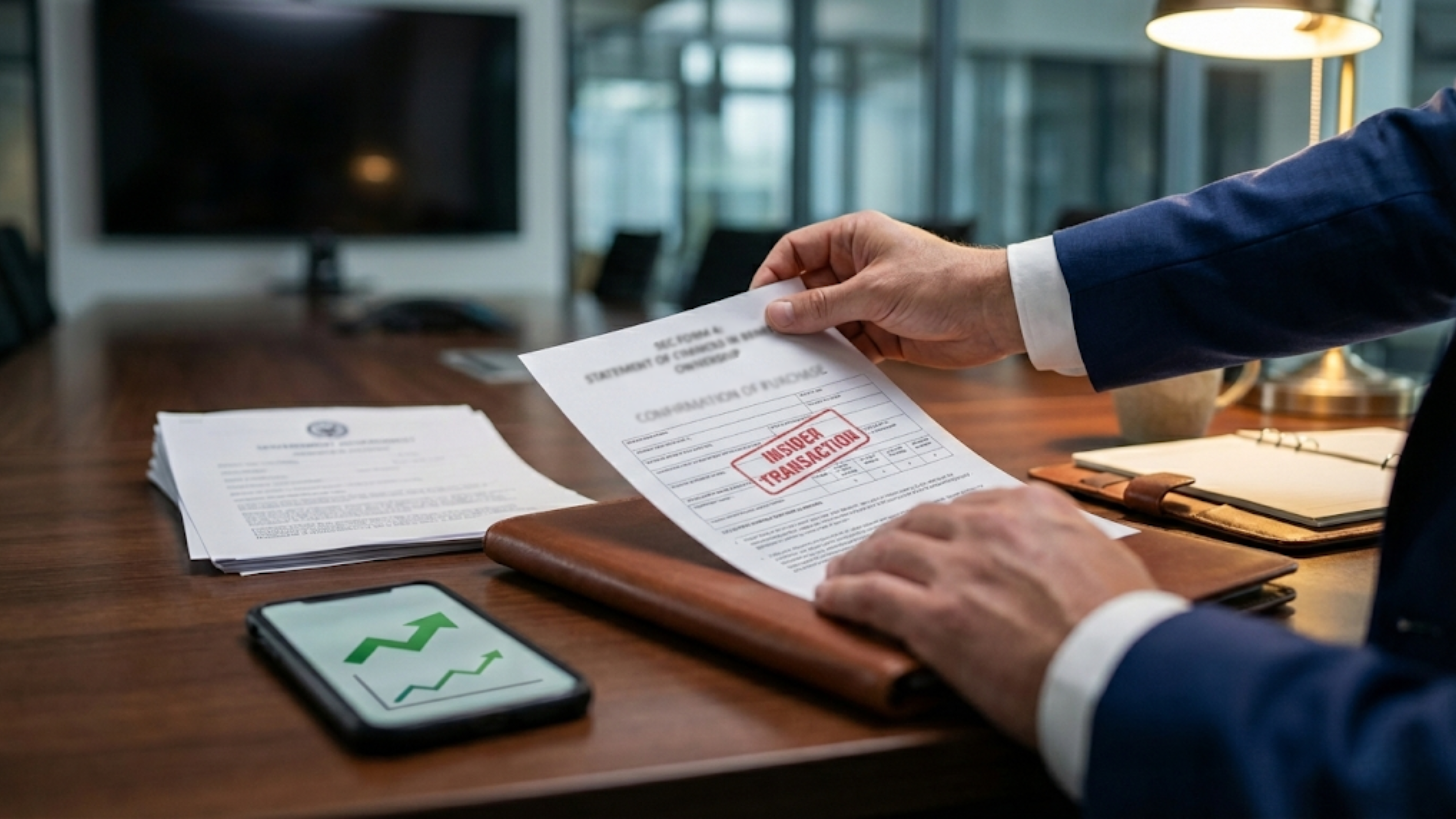 Insider transaction filing on a desk, with stock-up chart on phone signaling insider buying.