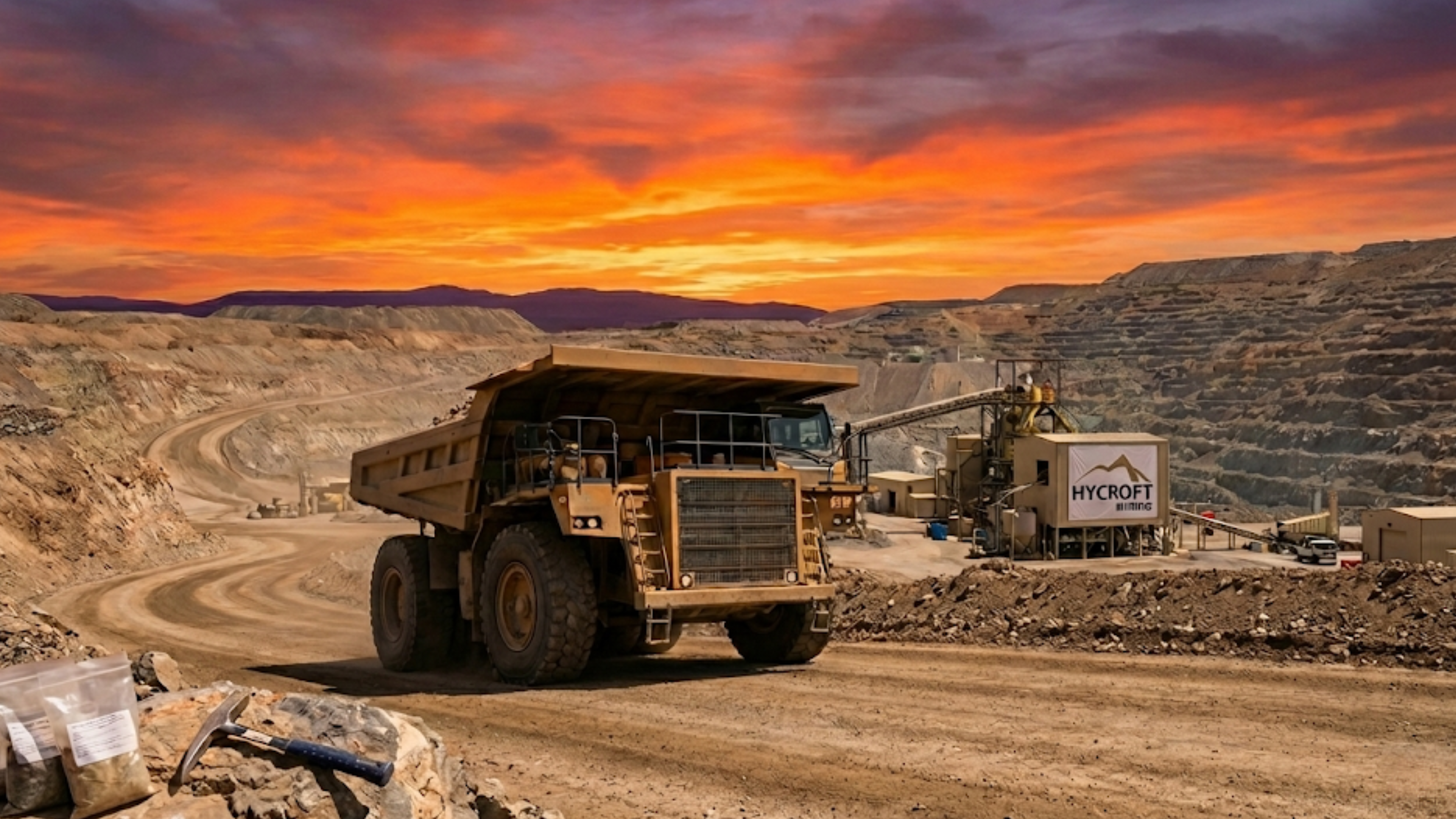 Open-pit mine with haul truck near Hycroft Mining site, highlighting gold and silver producer stock.