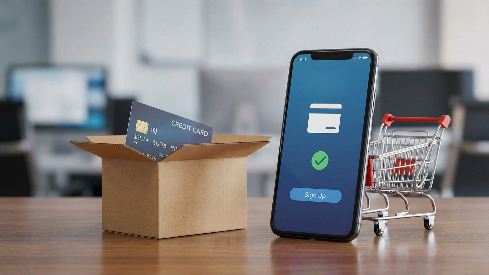 Smartphone displaying a digital wallet sign-up screen beside a cardboard shipping box with a credit card inside and a small shopping cart, symbolizing e-commerce and online payments growth.