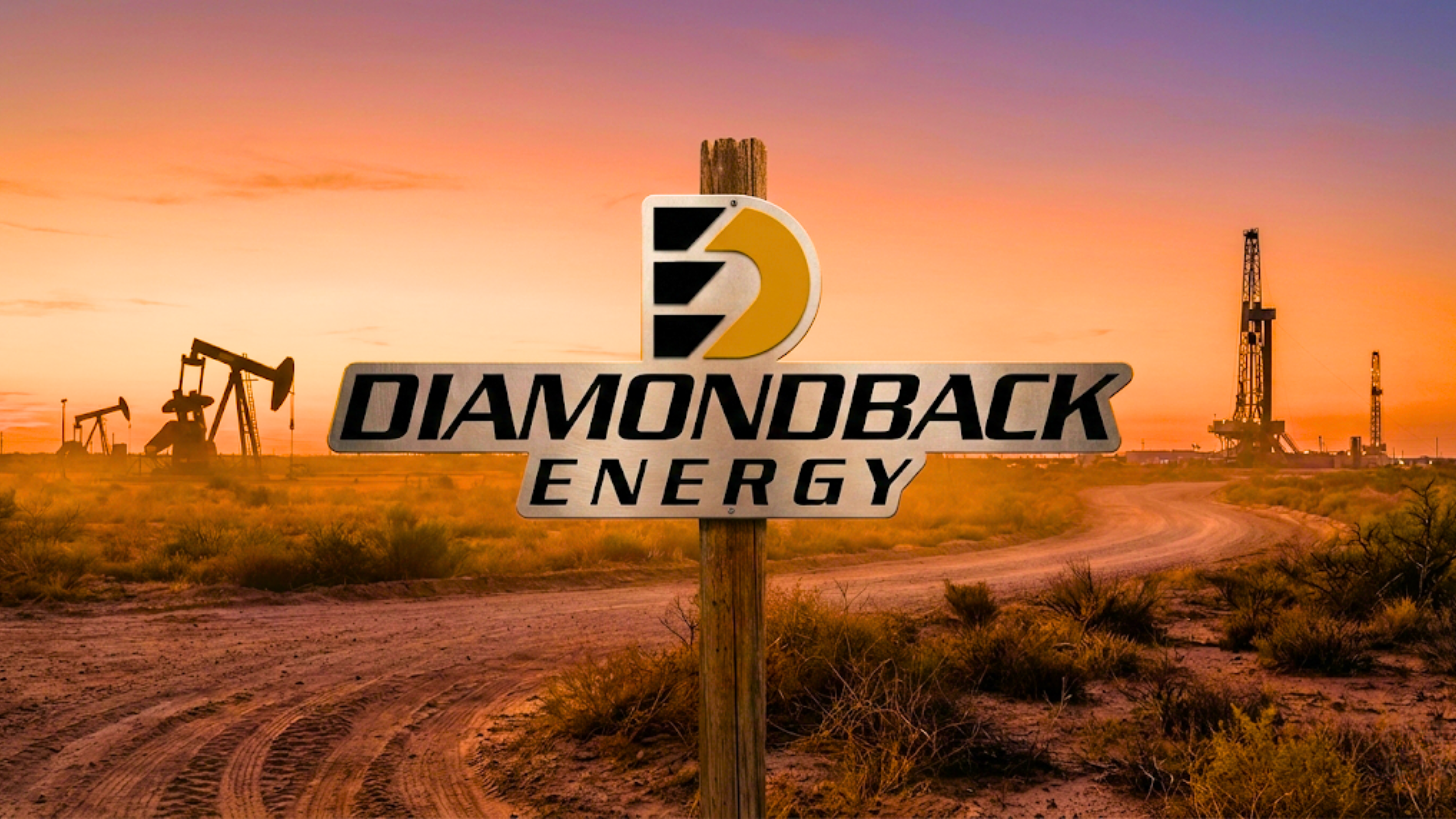 Diamondback Energy sign at sunset in an oil field with pumpjacks and rigs.