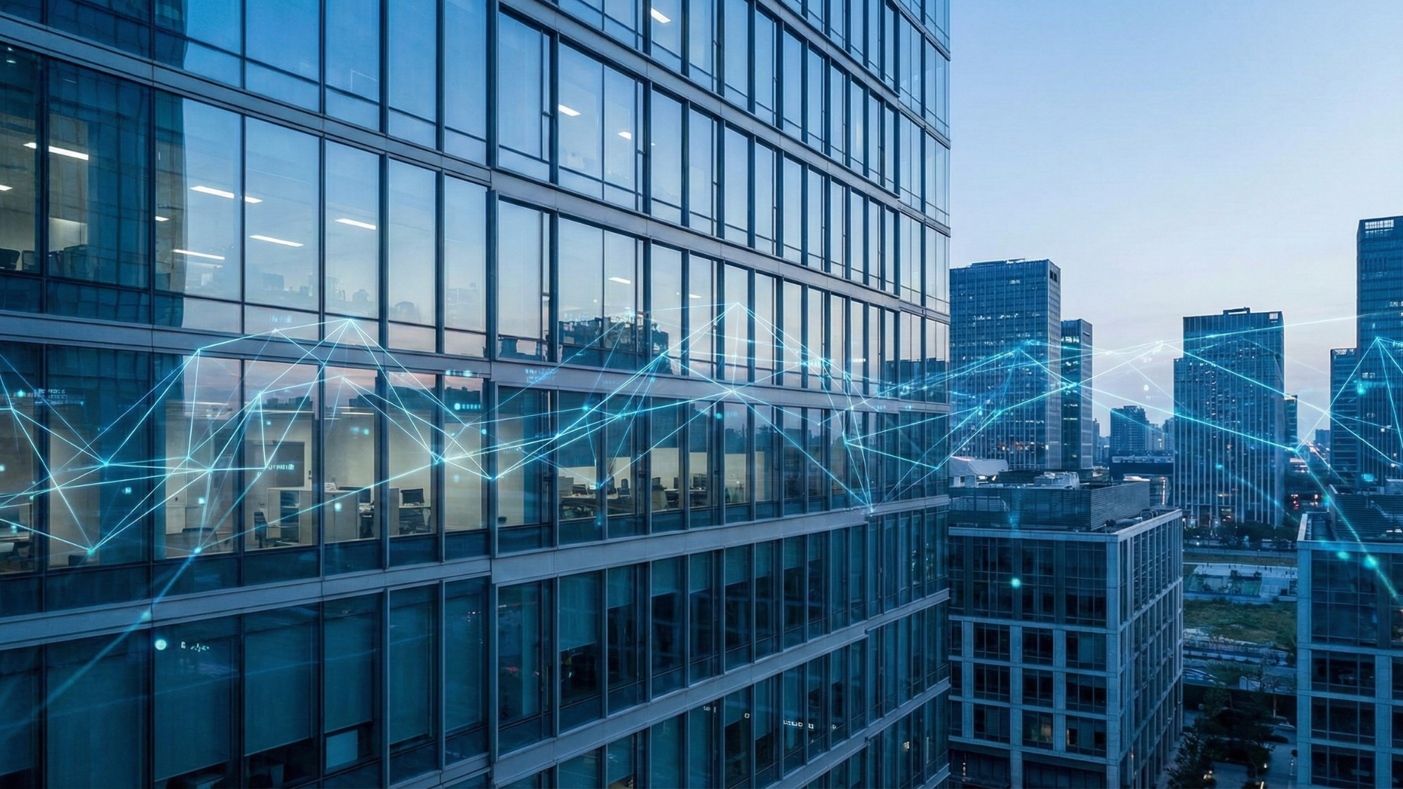 Glass office towers with glowing digital network lines overlay, symbolizing tech industry data connectivity and market activity.