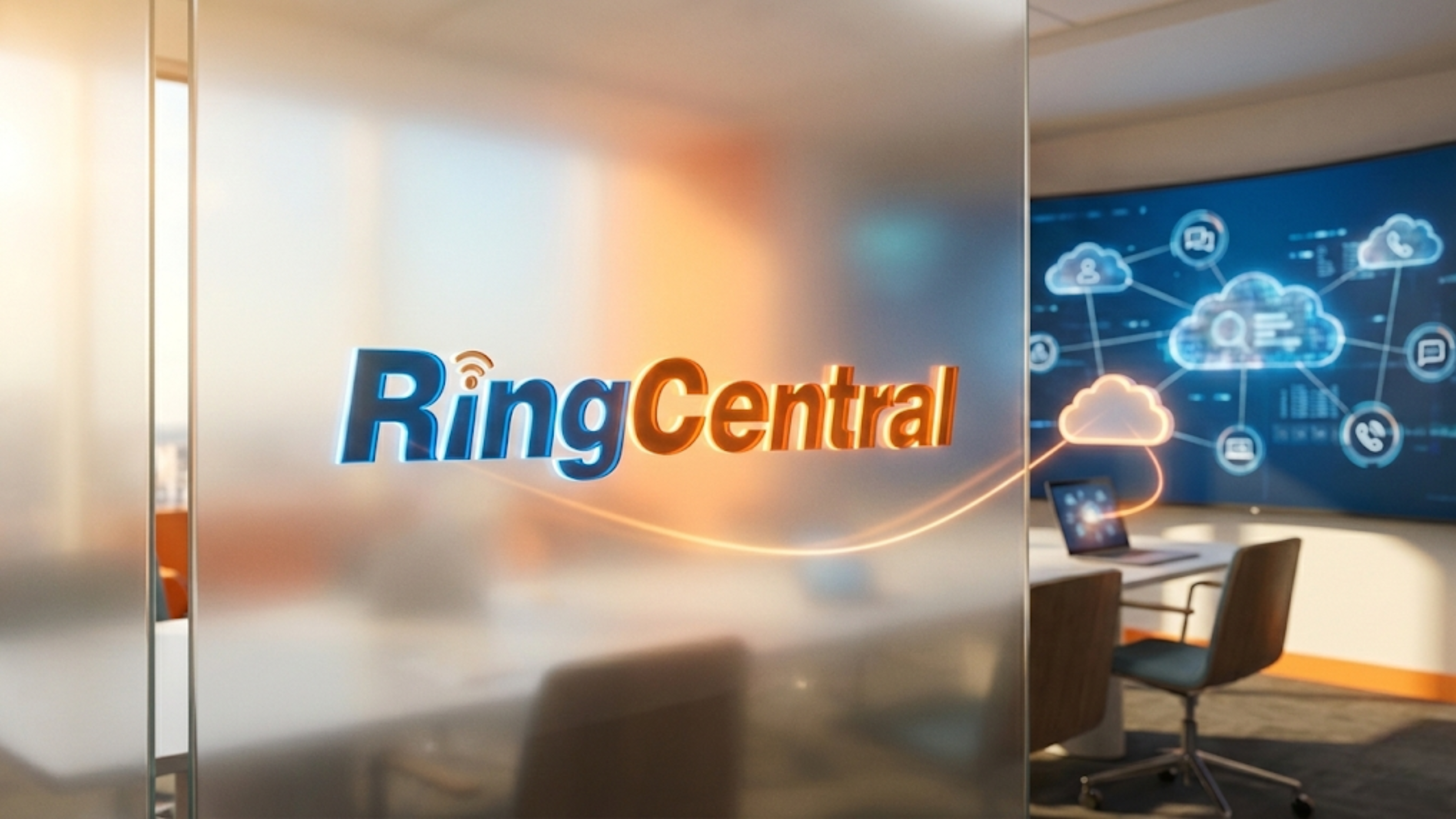 RingCentral logo on frosted glass in an office, with cloud communications icons in background.