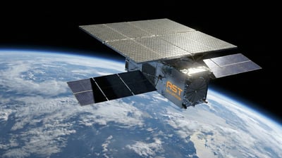 AST SpaceMobile BlueBird satellite in low Earth orbit above Earth’s horizon