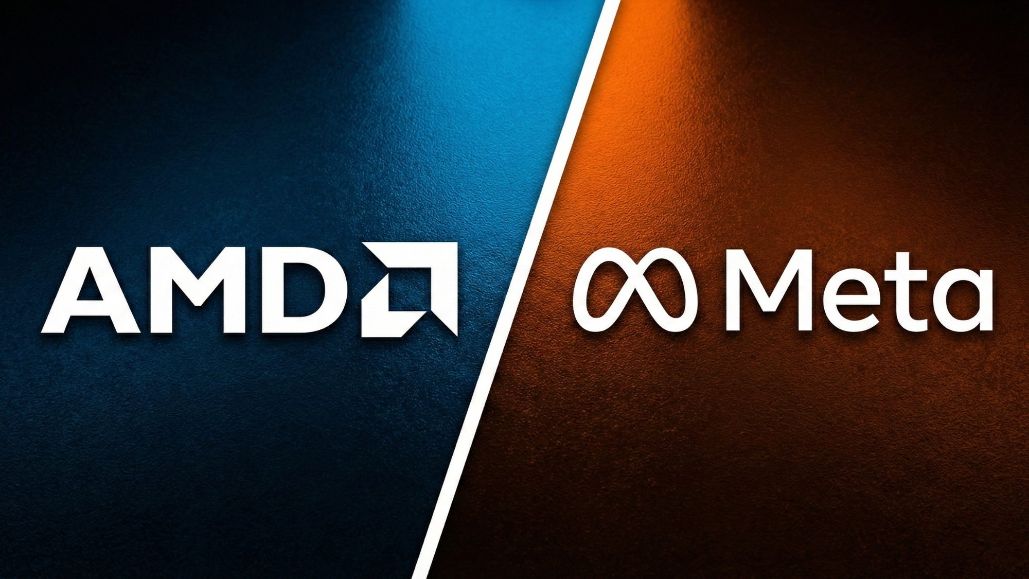 AMD and Meta logos split diagonally on blue and orange textured background, symbolizing AI hardware partnership.