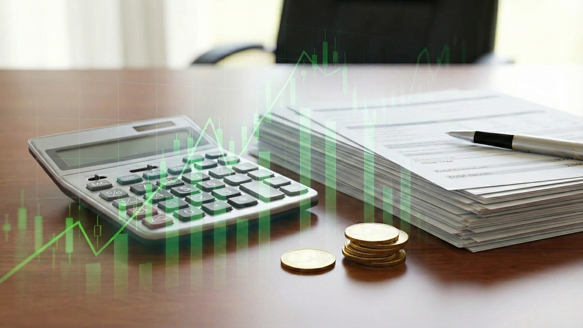 Calculator, stacked financial documents, and coins with green stock chart overlay representing financial sector volatility and AI-driven market selloff.