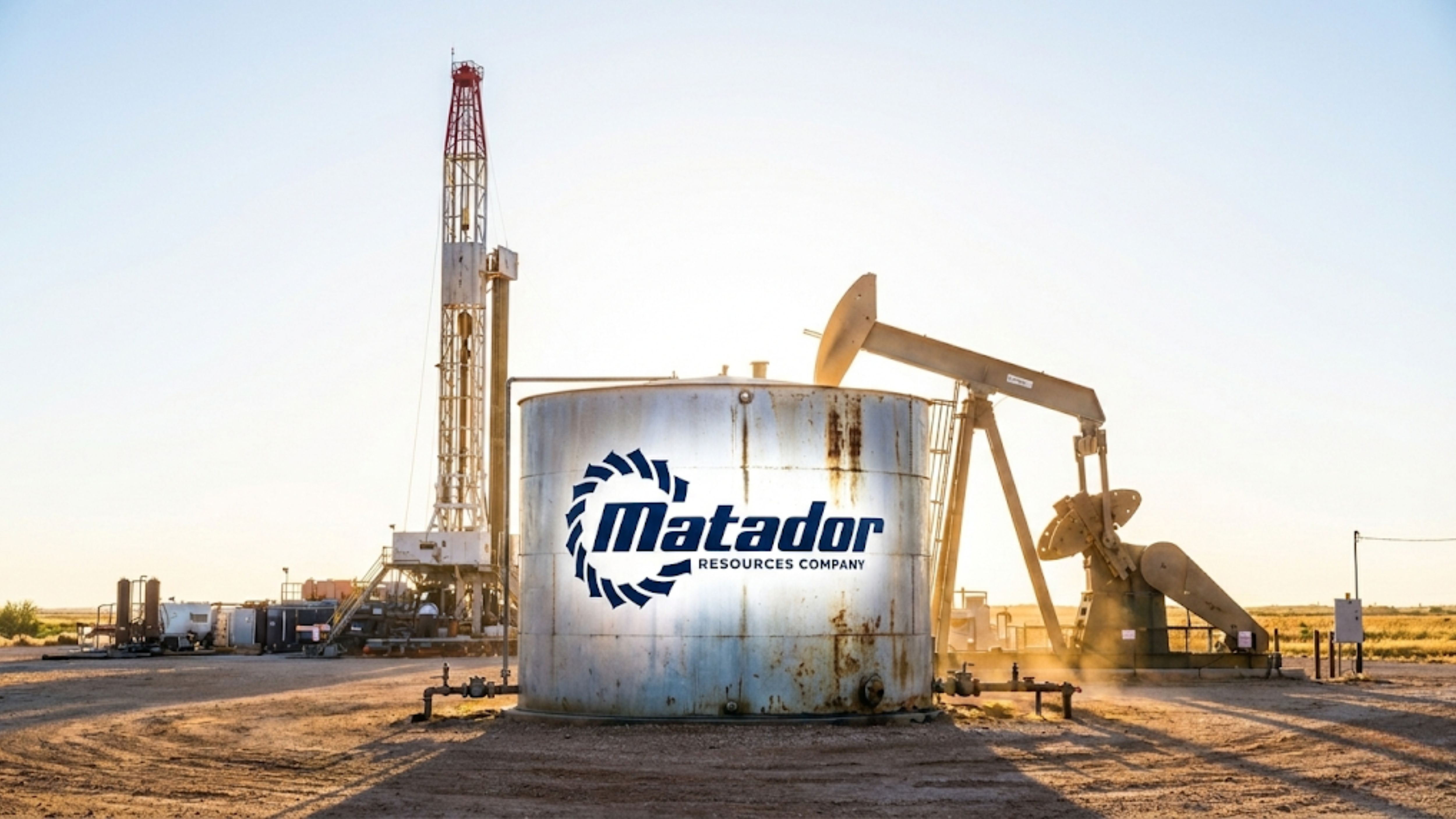 Matador Resources logo on oil tank beside a pumpjack and drilling rig.