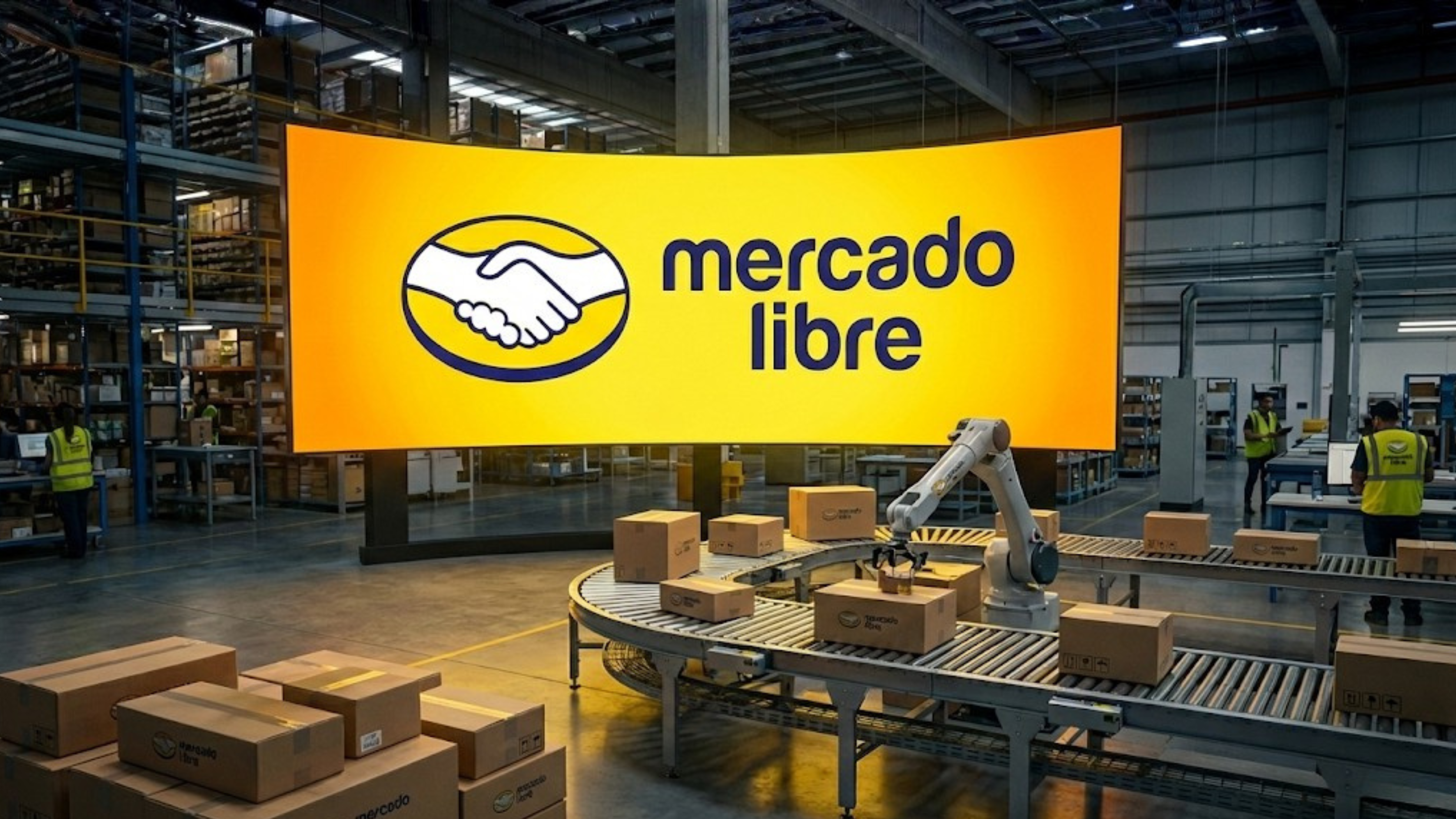 MercadoLibre logo over an automated warehouse with conveyor boxes.
