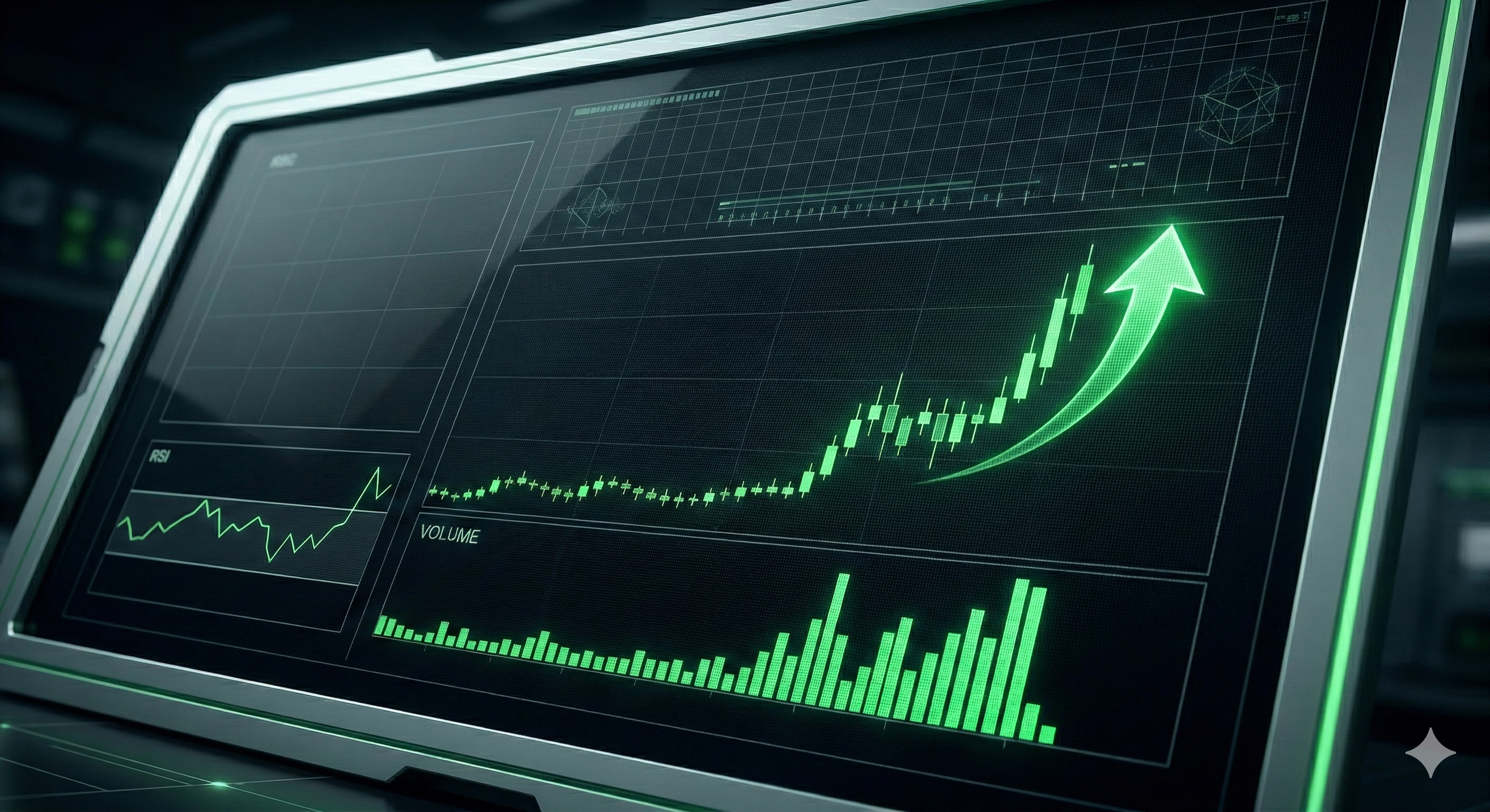 Upward-trending green stock chart on a trading monitor, symbolizing SaaS rebound potential amid AI-driven volatility.