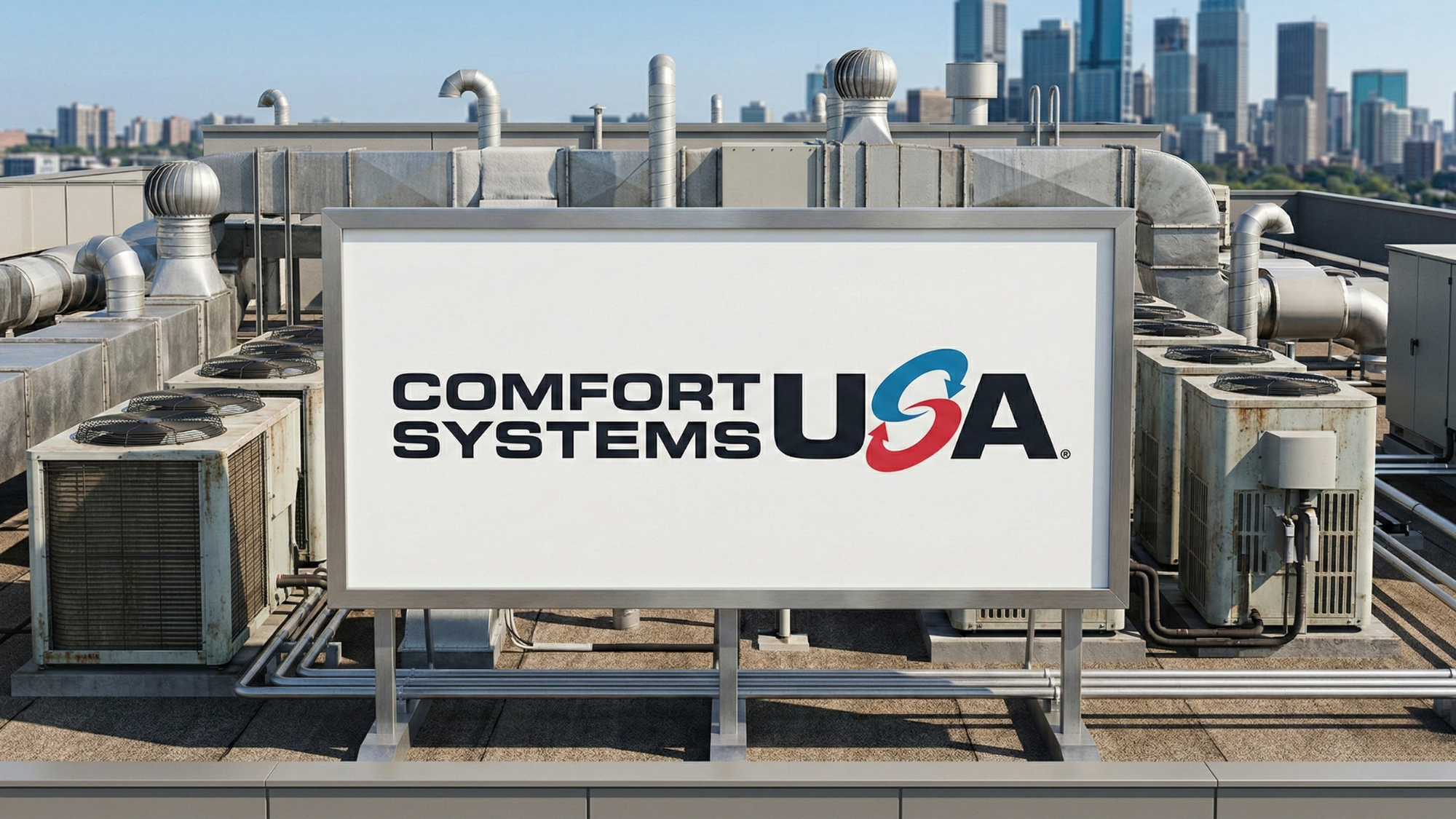 Modern rooftop HVAC units and ductwork with Comfort Systems USA signage, symbolizing AI-driven data center growth in mechanical contracting.
