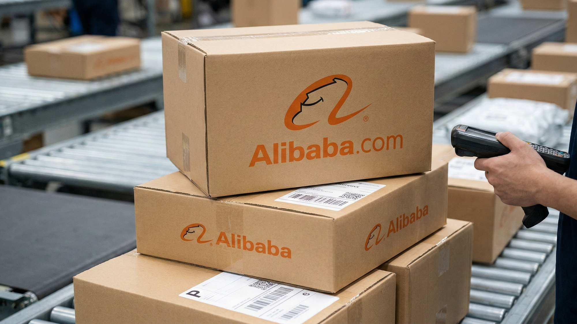 Alibaba-branded shipping boxes stacked on a warehouse conveyor belt as a worker scans a package, highlighting Alibaba’s e-commerce logistics operations amid tariff-driven market volatility.