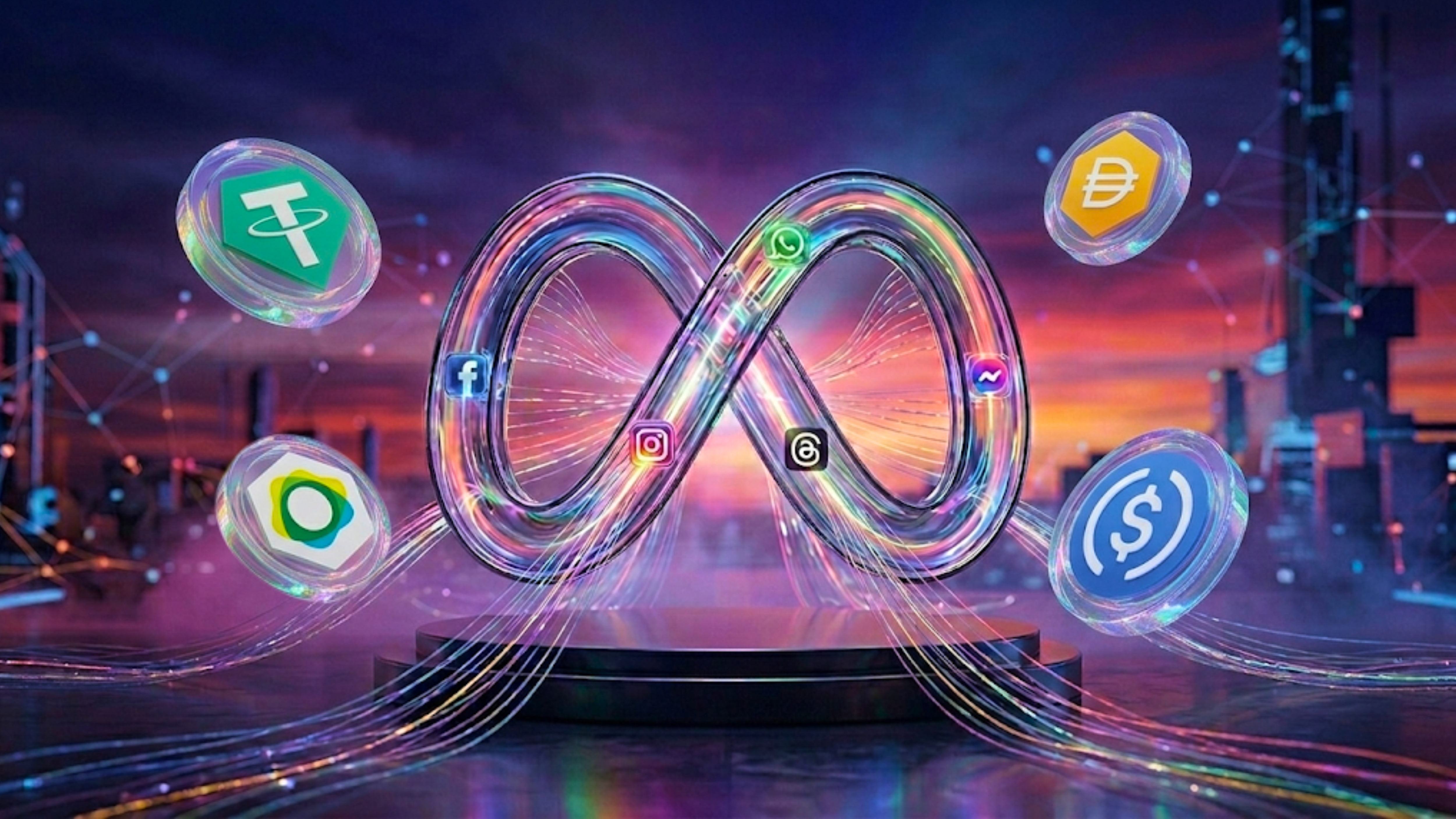 Meta logo with social platform icons and stablecoin symbols, highlighting META crypto integration focus.