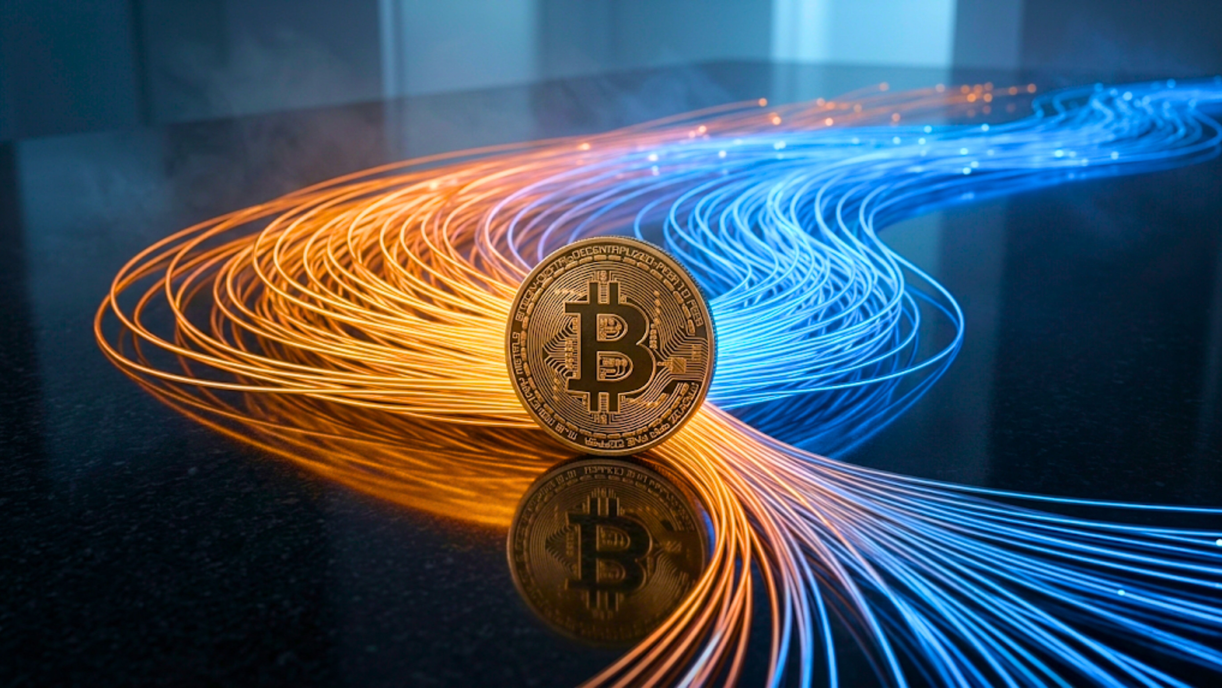 Gold Bitcoin coin surrounded by flowing digital light streams, reflecting crypto market momentum.
