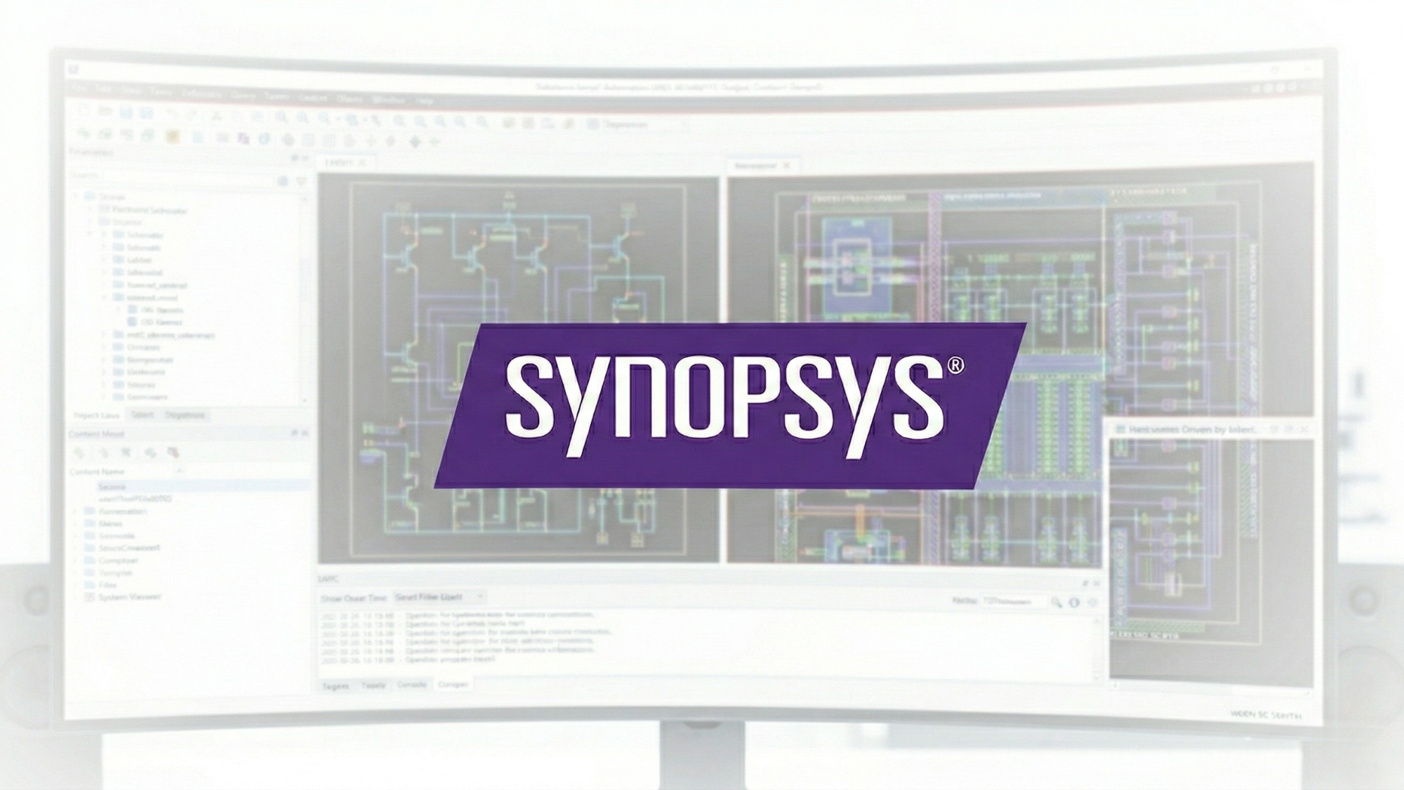 Synopsys logo over semiconductor chip design schematics displayed on a curved computer monitor screen.