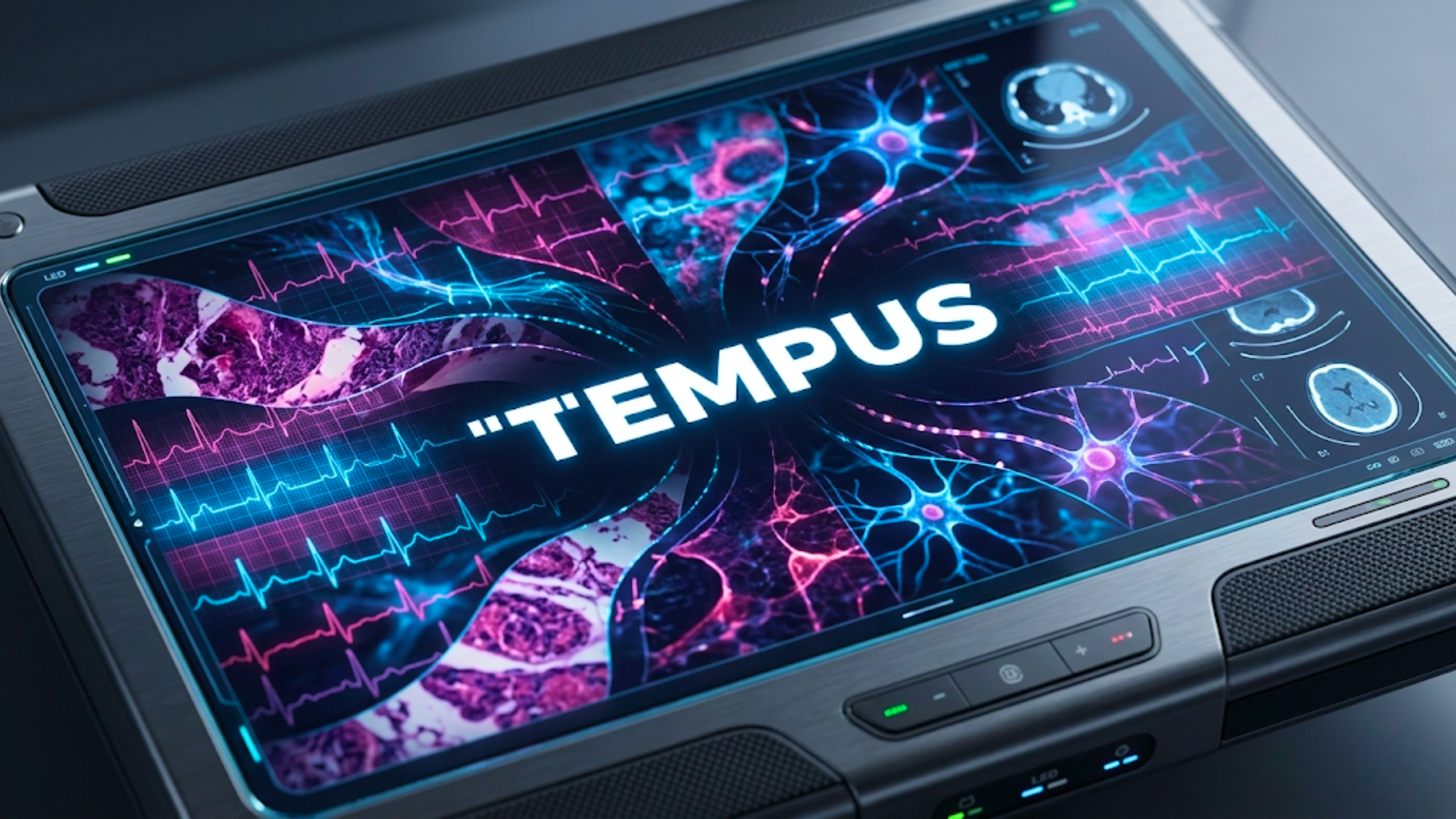 Tempus logo on medical device displaying neural and diagnostic data.