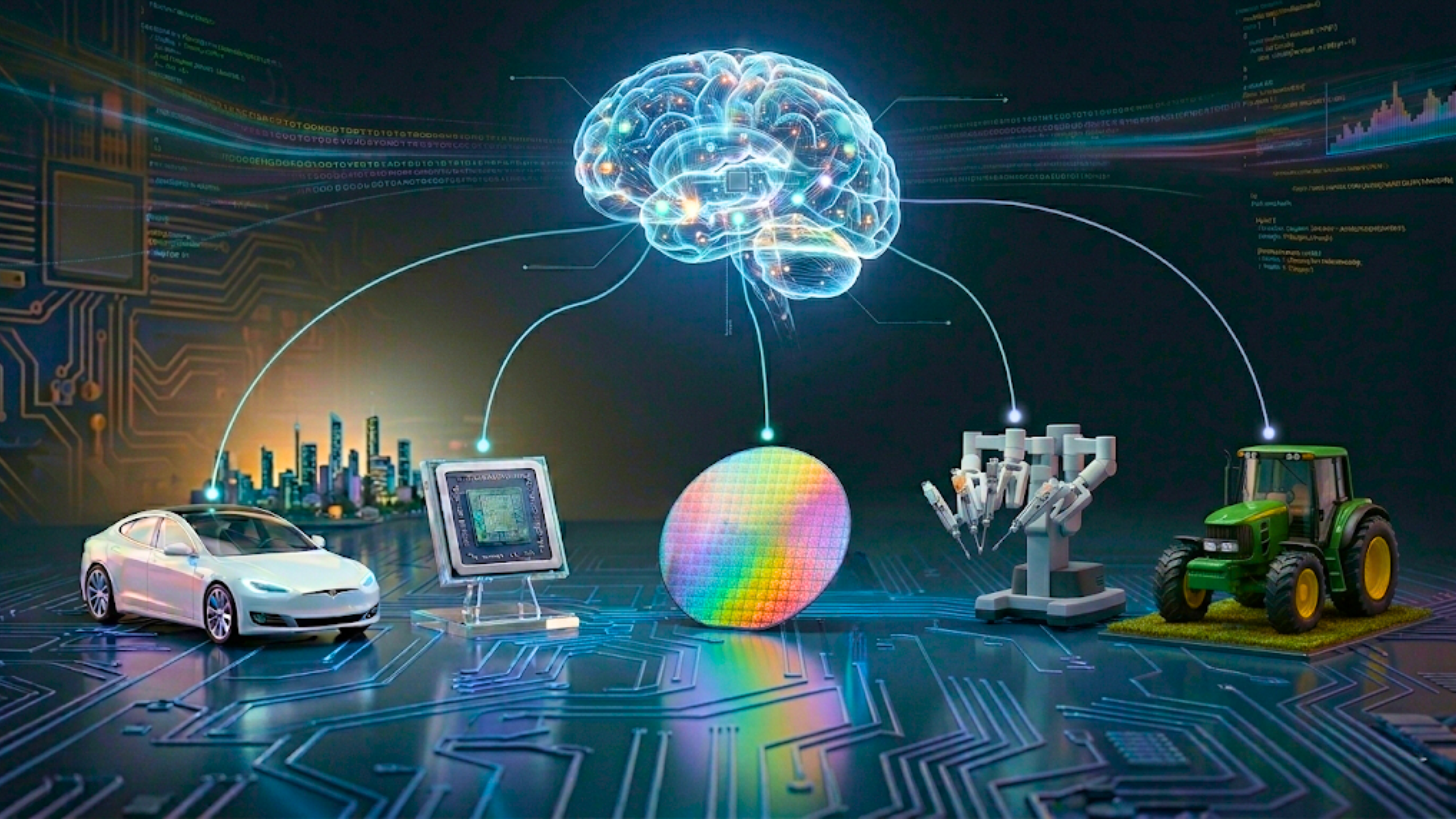 AI brain linked to EV, tractor, chip wafer, and surgical robot, highlighting cross-sector AI adoption and demand.