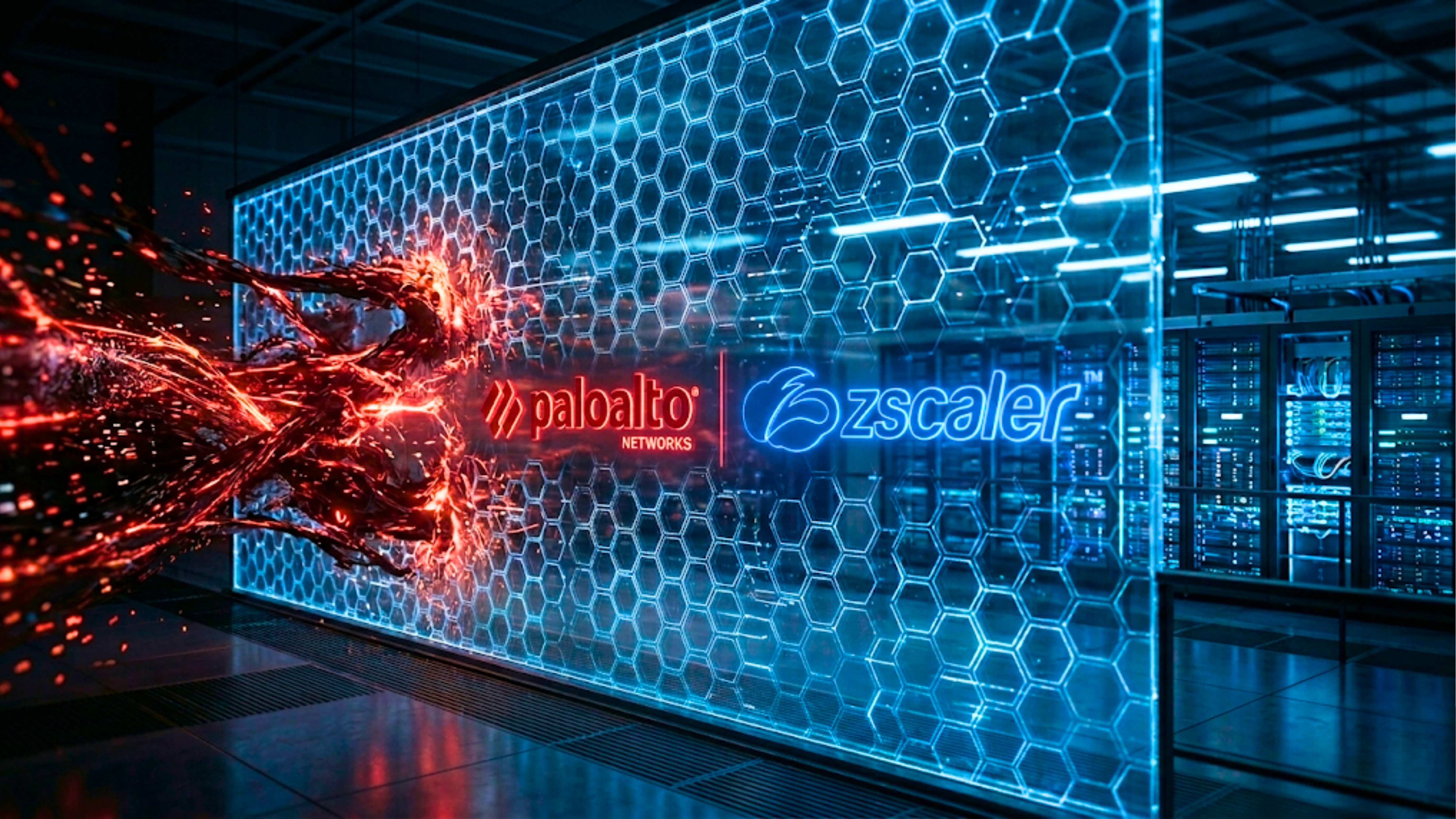 Palo Alto Networks and Zscaler logos on cyber shield in data center.